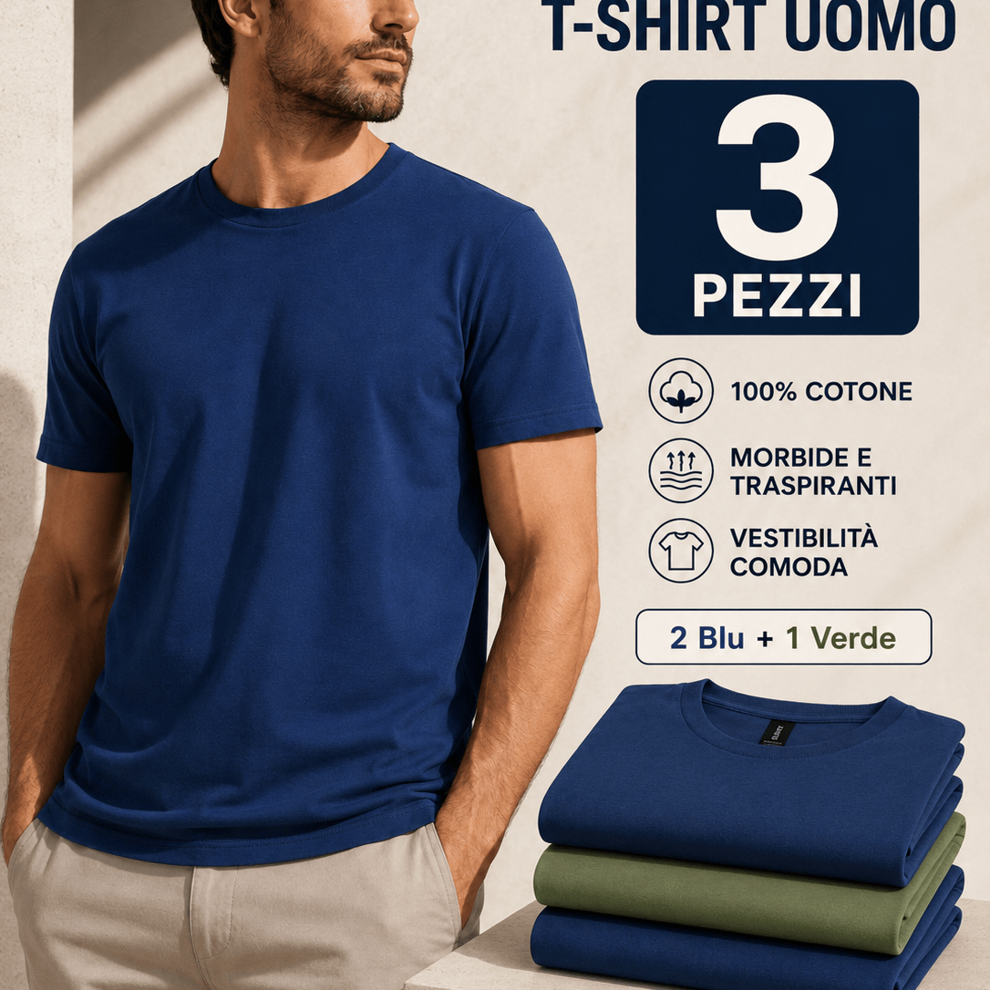 TEMU Set Of 3 Men's T-shirts In 100%, With 2 Blue And 1 Green, Designed Love Essential, Comfortable And Easy-to-match Pieces. With A Solid Color,