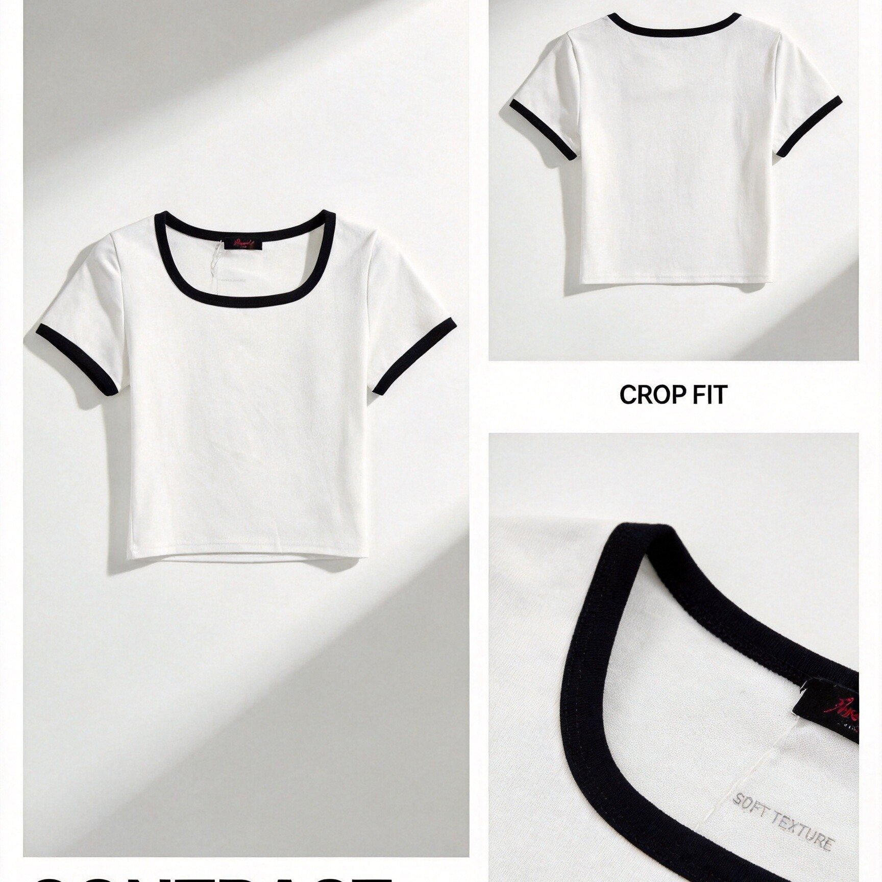 Women's T-shirt With Contrast Piping, Short Sleeve With A Fitted Cut, Minimalist, Fitted, Classic Styling Base, Ideal For Everyday Styling.
