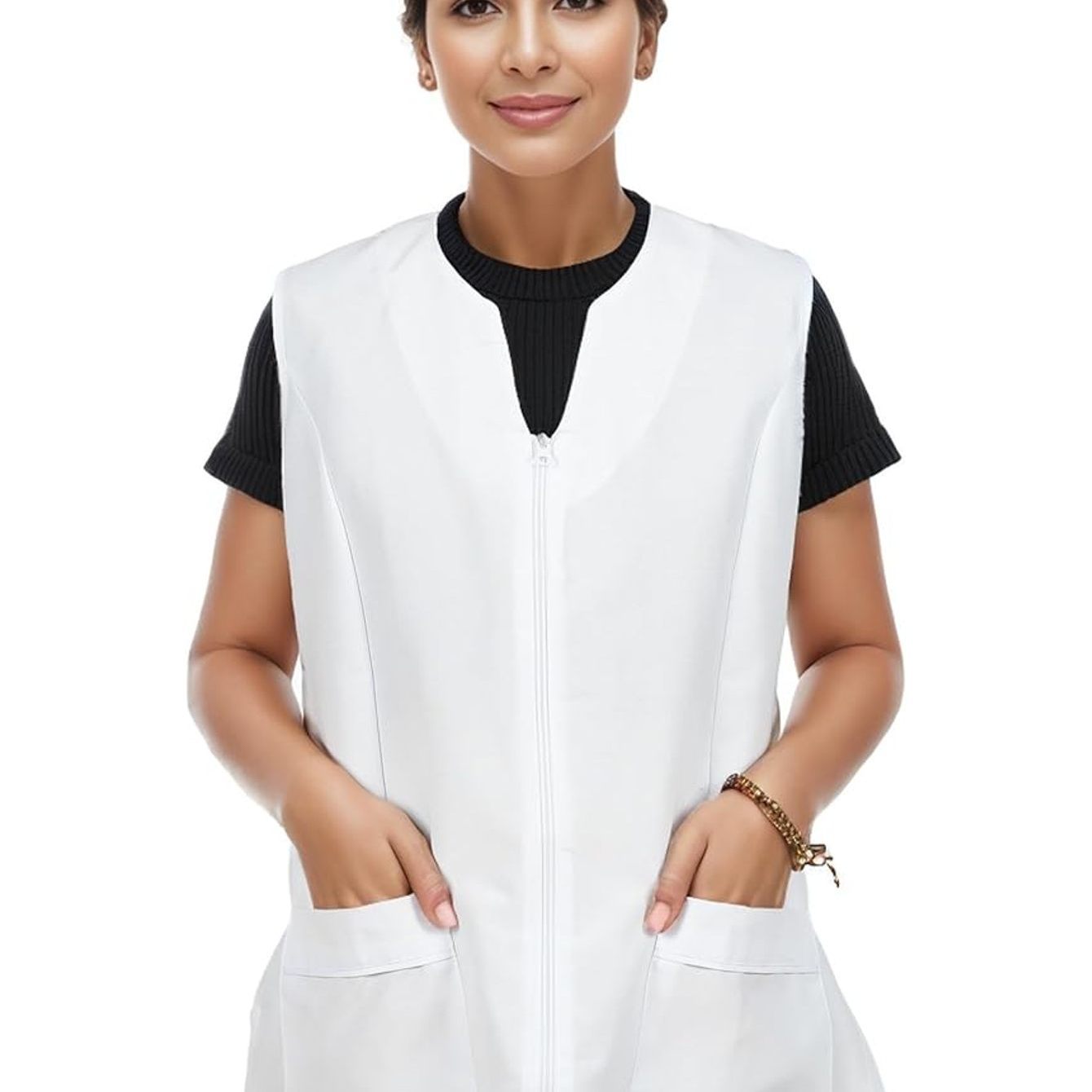 Image of Women's Sleeveless Jacket With Zipper And Pockets, White Work Uniform For Cleaning, Hospitality And Aesthetics - H Hansel Home