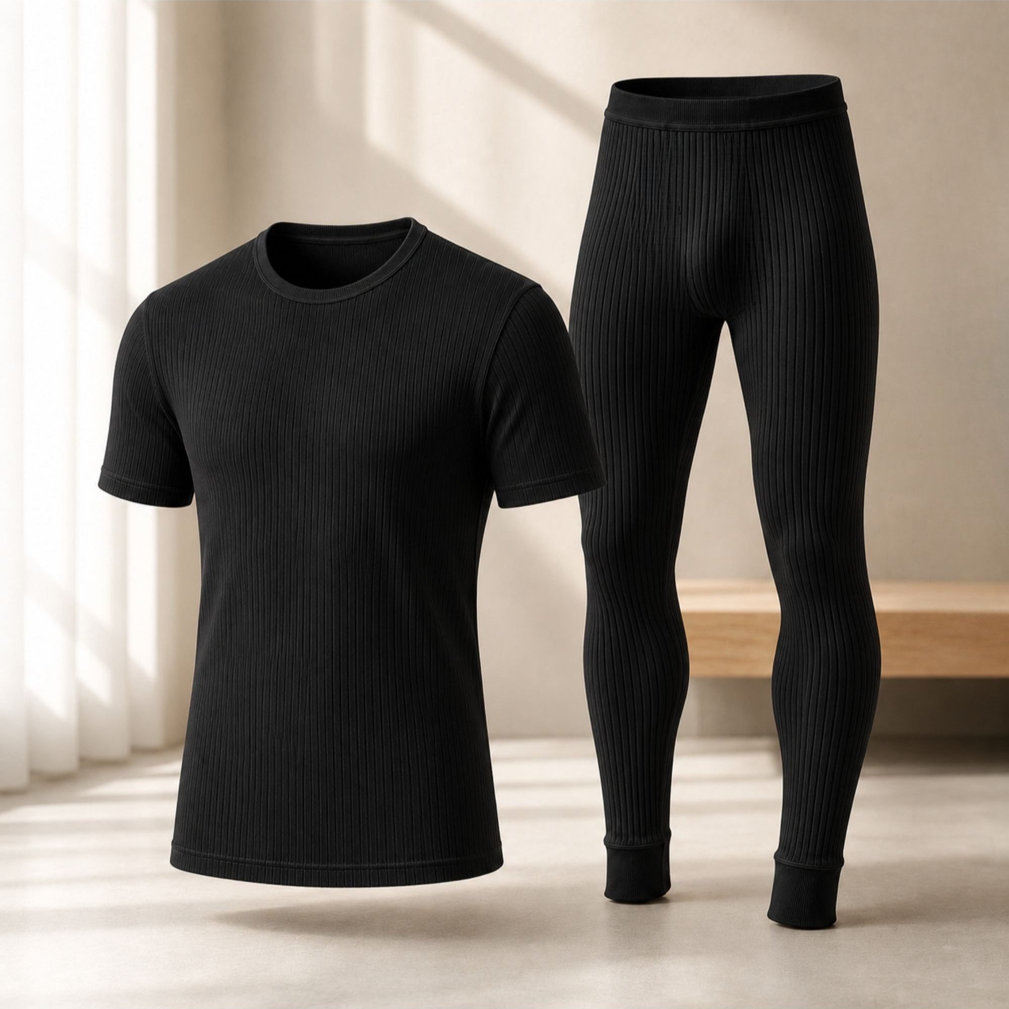 TEMU 2pcs Men's Heat Control Thermal Base Layer Set, Winter Warm Short Sleeve T-shirt And Long Johns Set, Stretchy Slim Fit Cold Weather Inner Layer