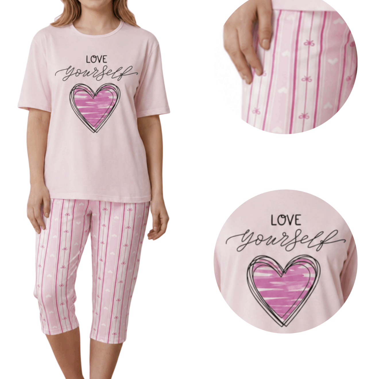 Image of Women's Love Yourself Pajamas, A 3/4 Set With Pants. Soft Material, Comfortable Cut, And Careful Make The Pajamas An For Women Comfortable Nightwear For Everyday Use.