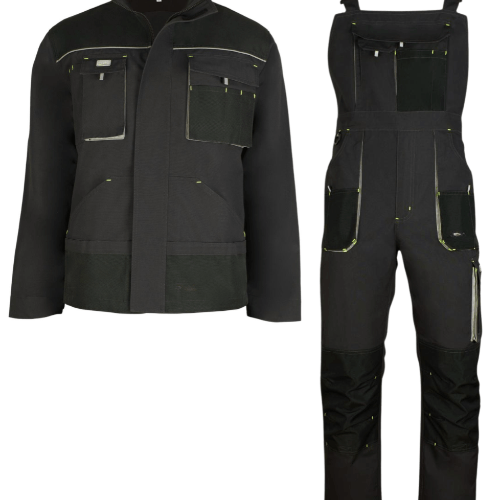 Classic Grey Jacket + Bib Overalls Set Canvas Oxford 600d Black Casual Workwear Set
