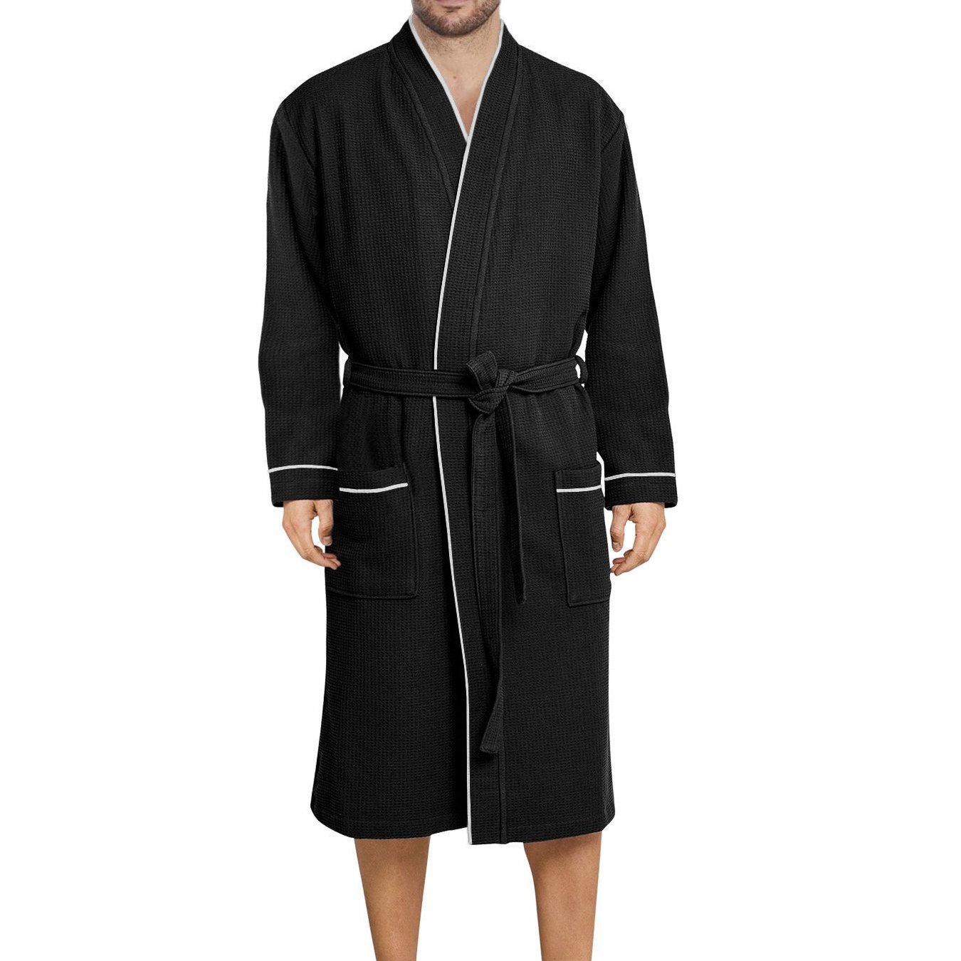 Image of Men's Waffle Bathrobe Made Of 100% With Hood, Long Version, Black With White Accents - (1511-l2)