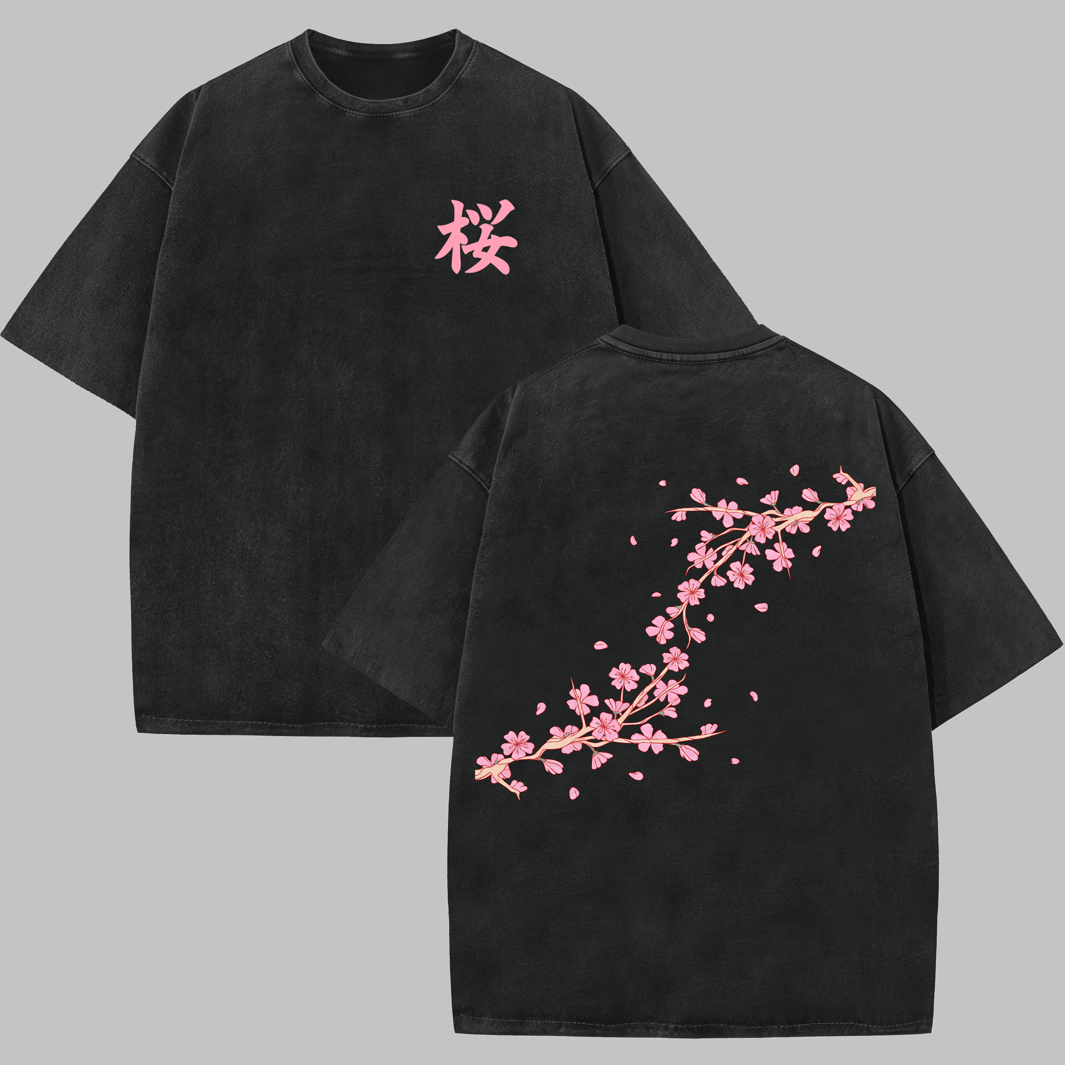 Image of Men's Retro Washed Oversize T-shirt, Japanese Cherry Back Pattern & Sakura Chest Print, Casual Crew Neck Short Sleeve Summer Shirt Streetwear