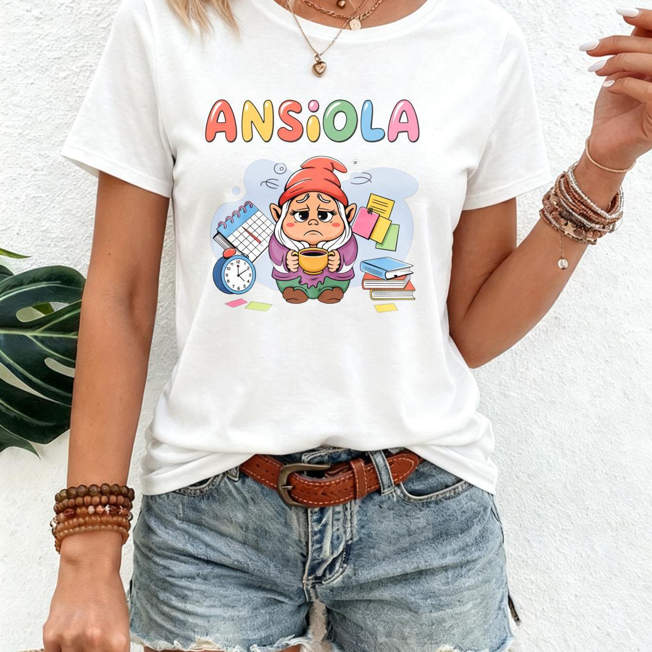 TEMU Casual, T-shirt da donna, Stampa cartoon con elfo stressato e accessori da ufficio, Cotone traspirante, e vita quotidiana, donne e studentesse,