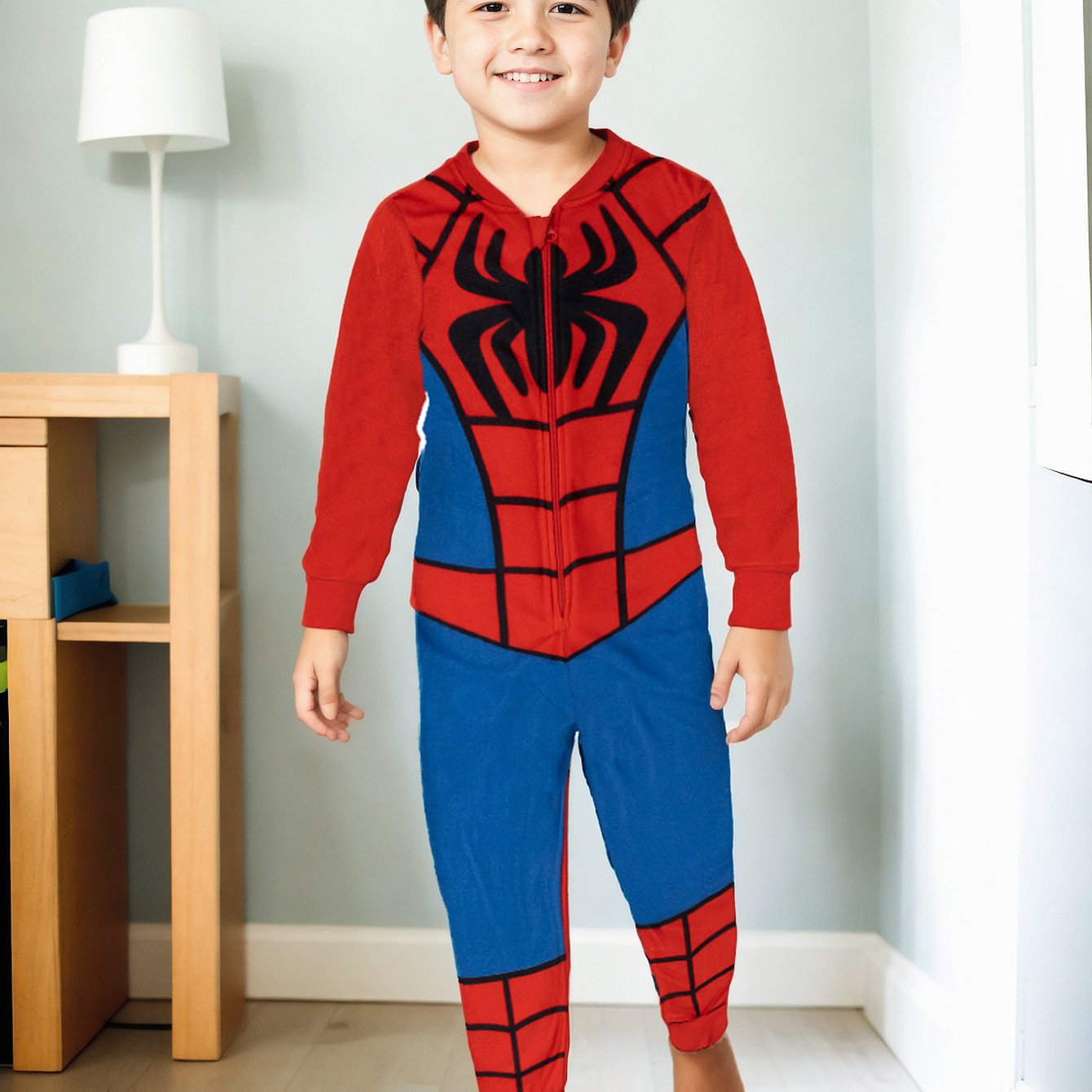 Image of And His Super Jumpsuit For Boys - Spiderman Overall Kids Pajamas Long Sleeve Red/blue