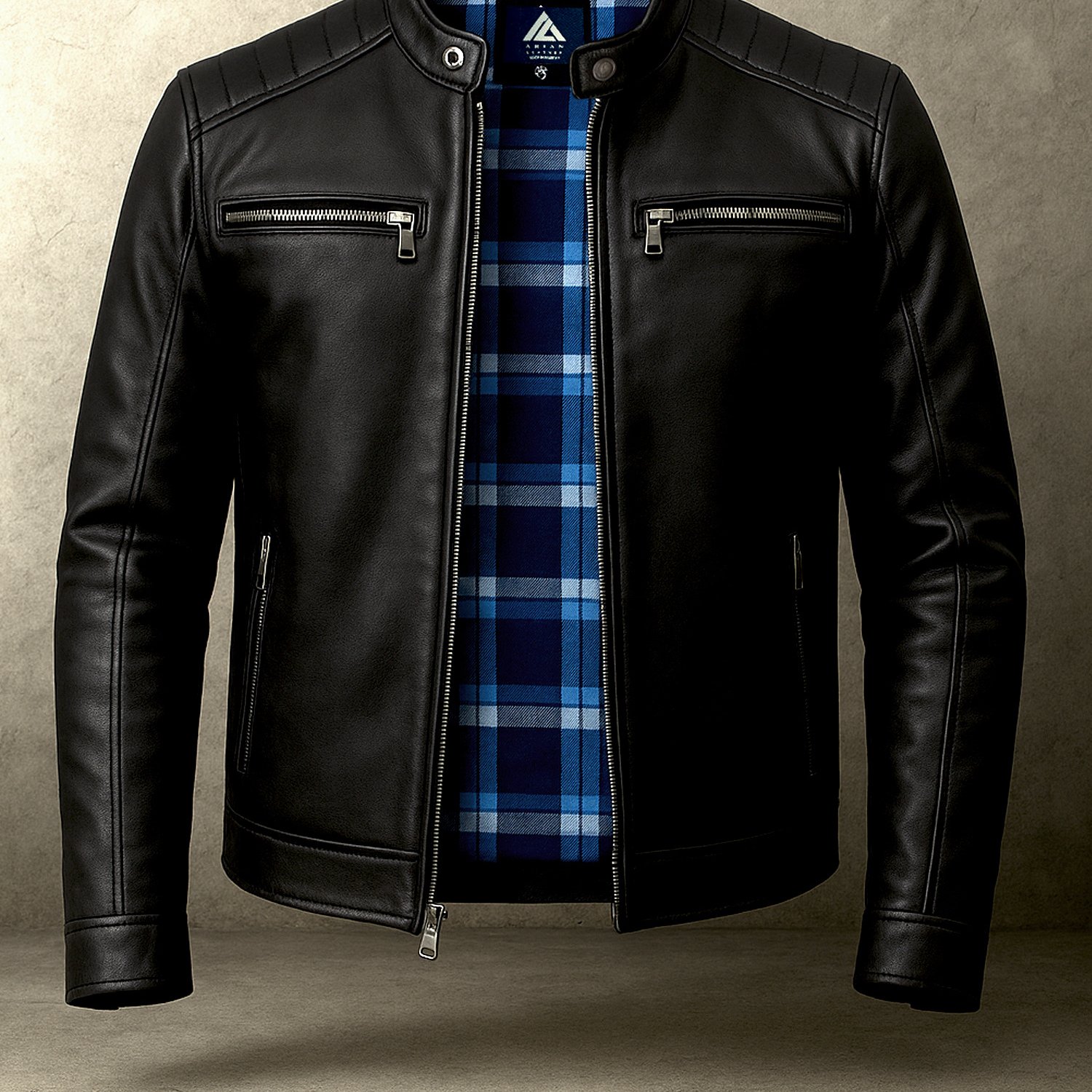 Leather Men's Genuine Leather Thunder Jacket – Slim- Racer Casual Outerwear With Quilted Shoulders & Flannel Lining