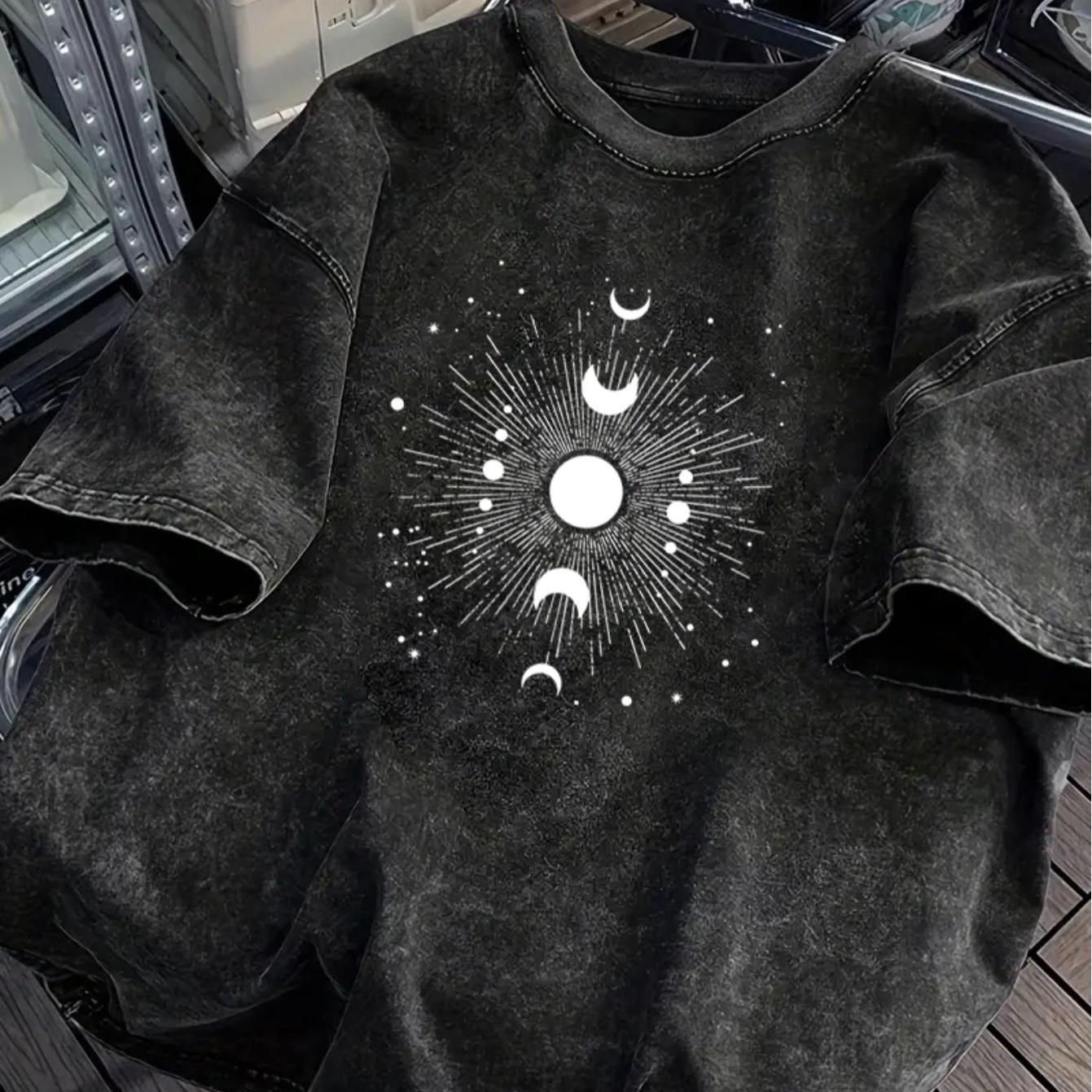 TEMU Camiseta extragrande de algodón 100 % de gramaje para hombre - Camiseta de ajuste holgado con vintage y estampado bohemio y de , adecuada para