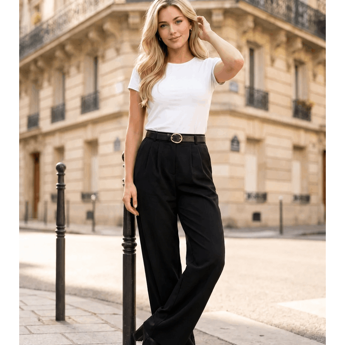 Image of Women's Elegant Fabric Pants – Palazzo Pants With Belt, Business Trousers For Office & Everyday Wear