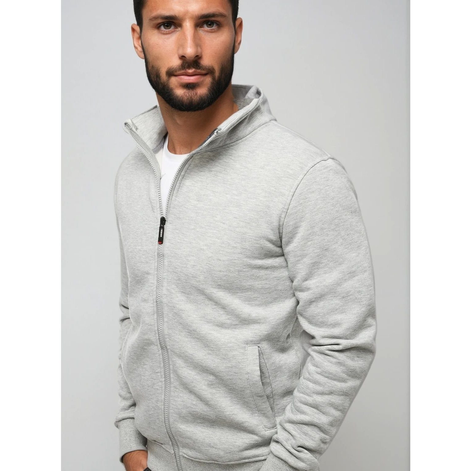 Men's Zip-up Jacket Without A Hood, With Elastic Cuffs On The Sleeves And Bottom, 2 Outer Pockets, Made Of A Ofand Polyester, Ideal For Training, Everyday Use, And Sporty Styling, 4109.