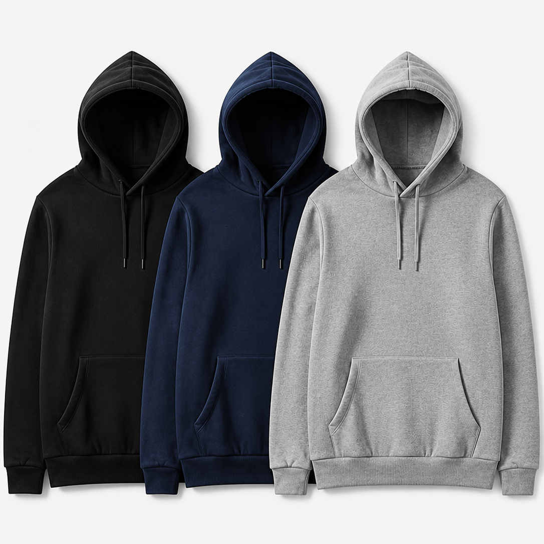 TEMU A Set Of 3 Men's Long-sleeve Hoodies For Spring And Autumn, Featuring A Solid Color, Drawstring Design, And Kangaroo Pocket. Perfect For Casual