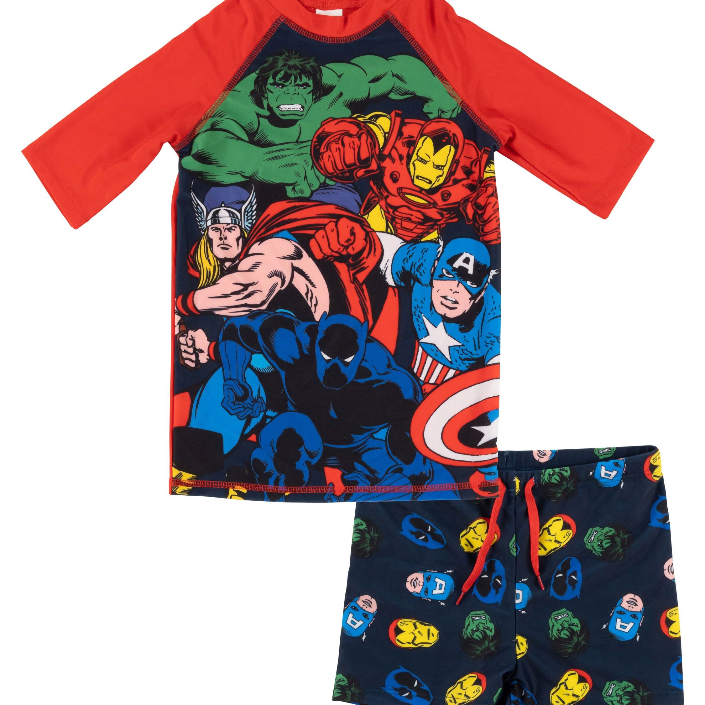 Image of The Avengers Swimming Set For Boys – Children's Bathing Set With Shirt And Pants, Two-piece Blue/red