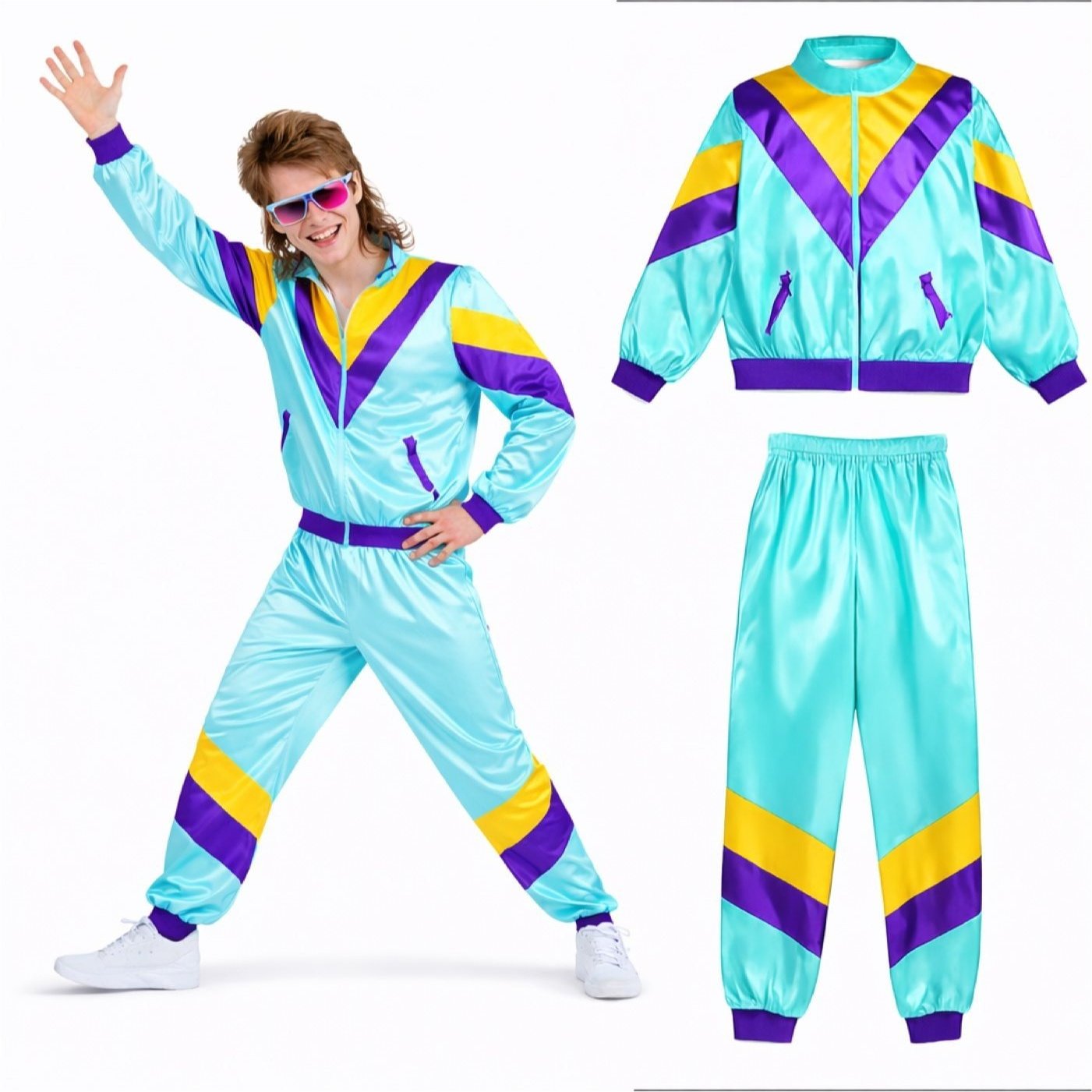 Image of Retro Jogging Suit 80s & 90s Overall - Neon Training Suit In Bad Taste Look - Unisex Costume For Carnival And Mardi Gras Blue