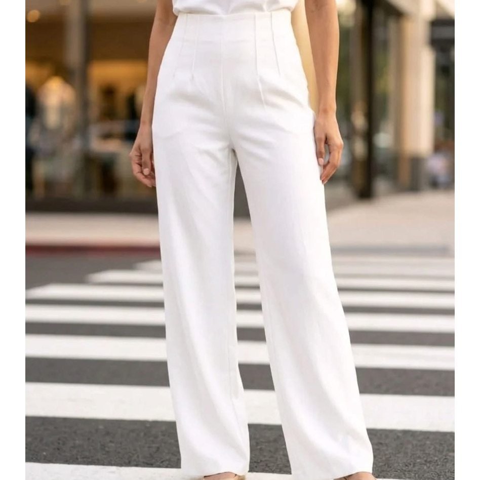 Image of Elegant High-waist Business Trousers With Straight Leg - Straight-leg Fabric Trousers With Decorative Waist Folds