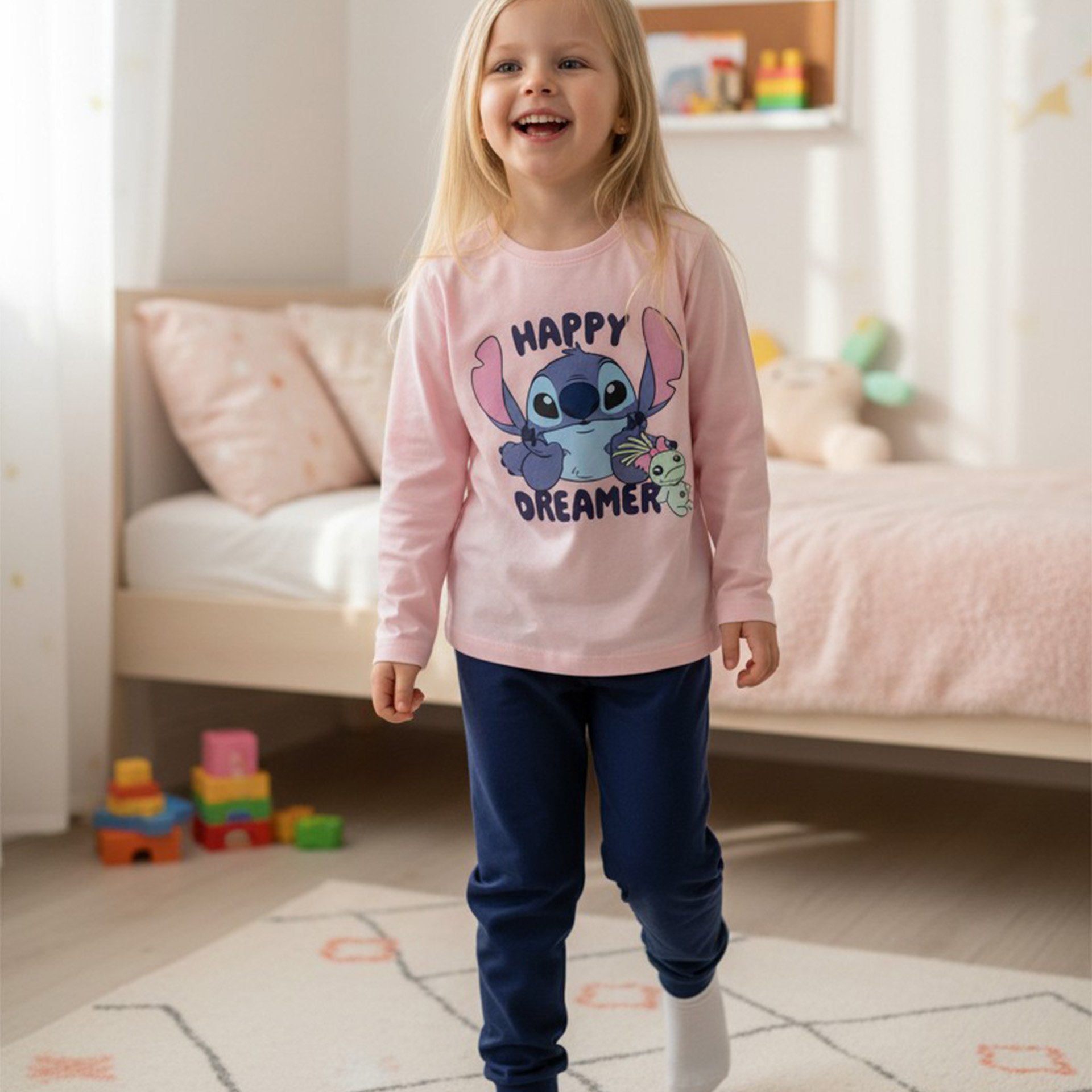 Image of & Pajamas For Girls - Happy Kids Pyjama Set Long Sleeve Top With Pants Pink/blue