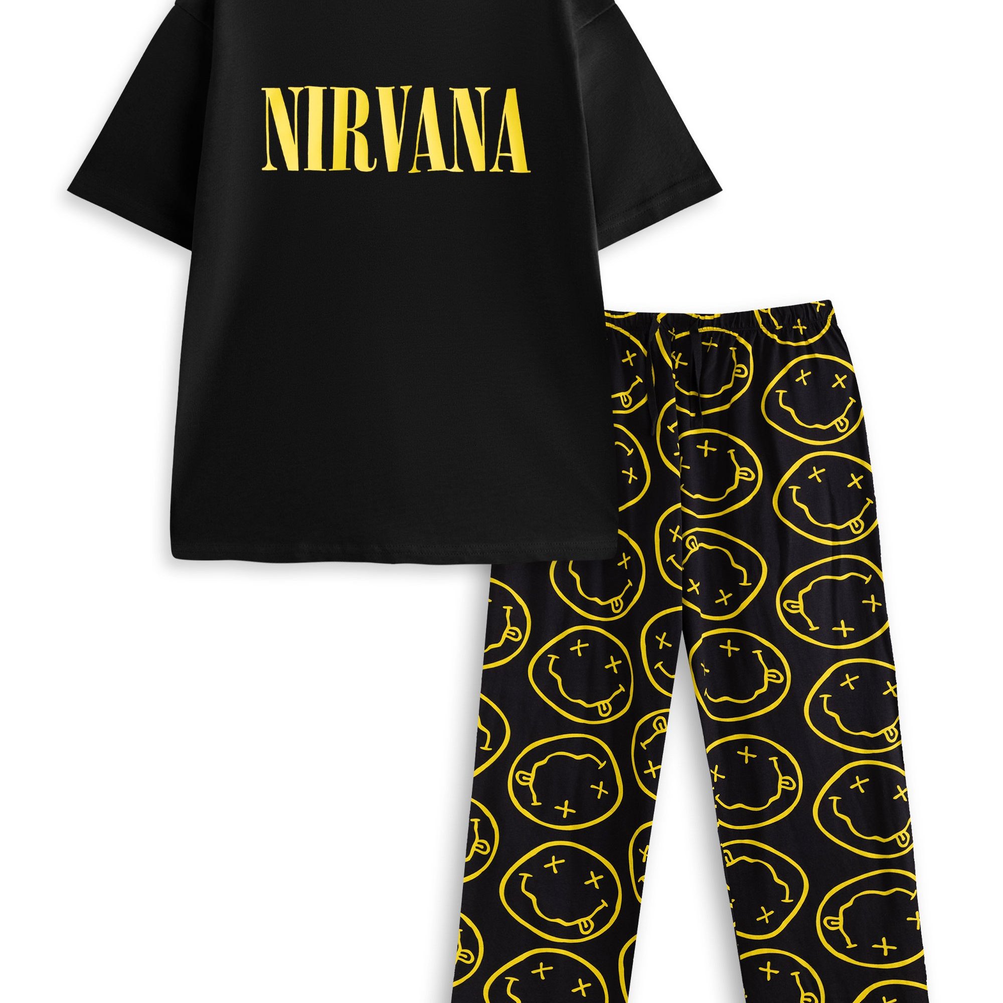 TEMU Mens Black Short Sleeve Long Leg Pyjama Set | Classic Crew Neck Nightwear With Logo | Music-themed Sleeping & Lounging Outfits | Merch