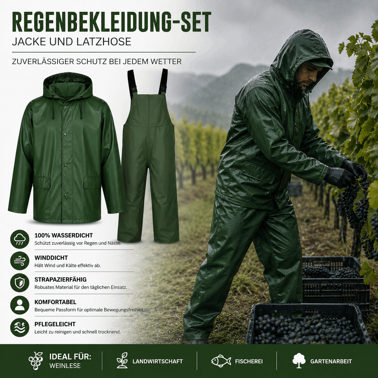 Image of Puerto Professional Rain Suit Set – Waterproof, Windproof Pu Rain Jacket + Bib Overalls | Durable Outdoor & Work Rain Suit For Construction, Gardening, Agriculture