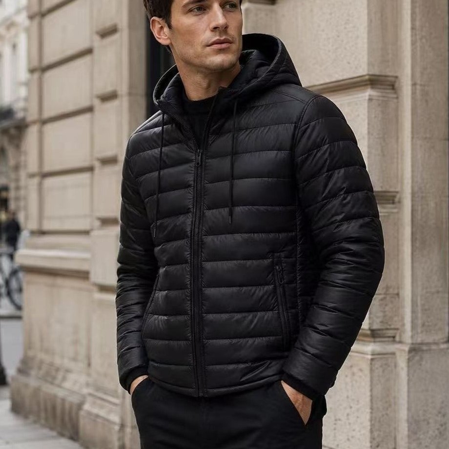 Image of Black Men's Quilted Jacket With A Hood And Drawstrings, Zip-up, Stylish Men's Jacket, Autumn/spring Jacket