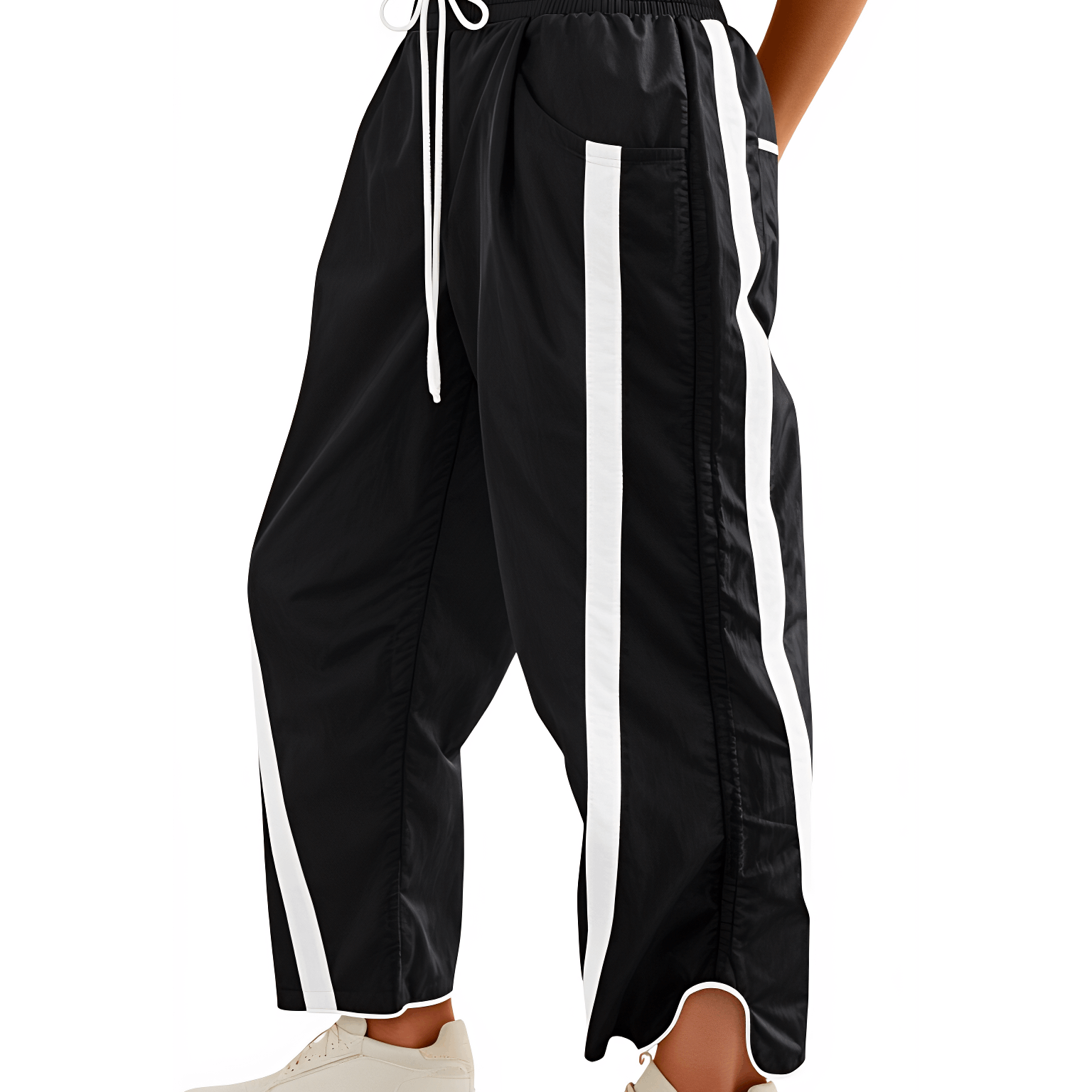 Image of Women's Jogging Pants With White Side Stripes, Elastic Waistband With Cord Drawstring, Loose 7/8 Width Pants With Pockets, Lightweight Summer Sports Pants For Everyday, Sports And Leisure.