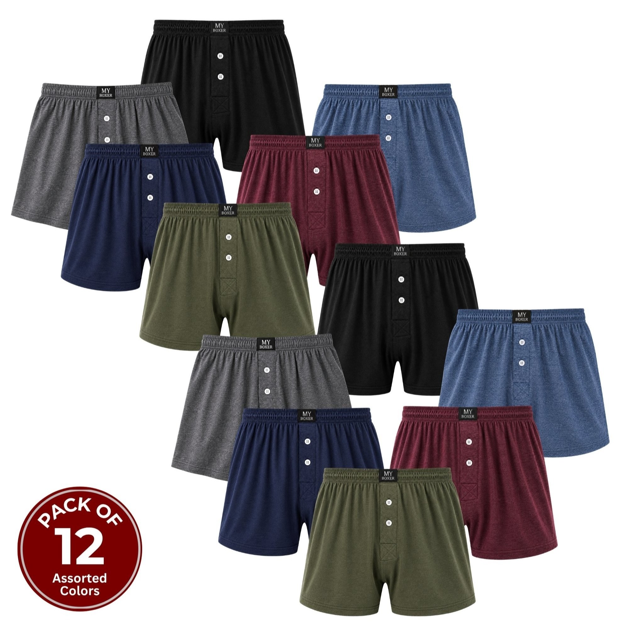 TEMU Pack Of 12 Jersey Boxer Shorts, Assorted Colours Button Fly Underwear, Soft Breathable Everyday Boxers
