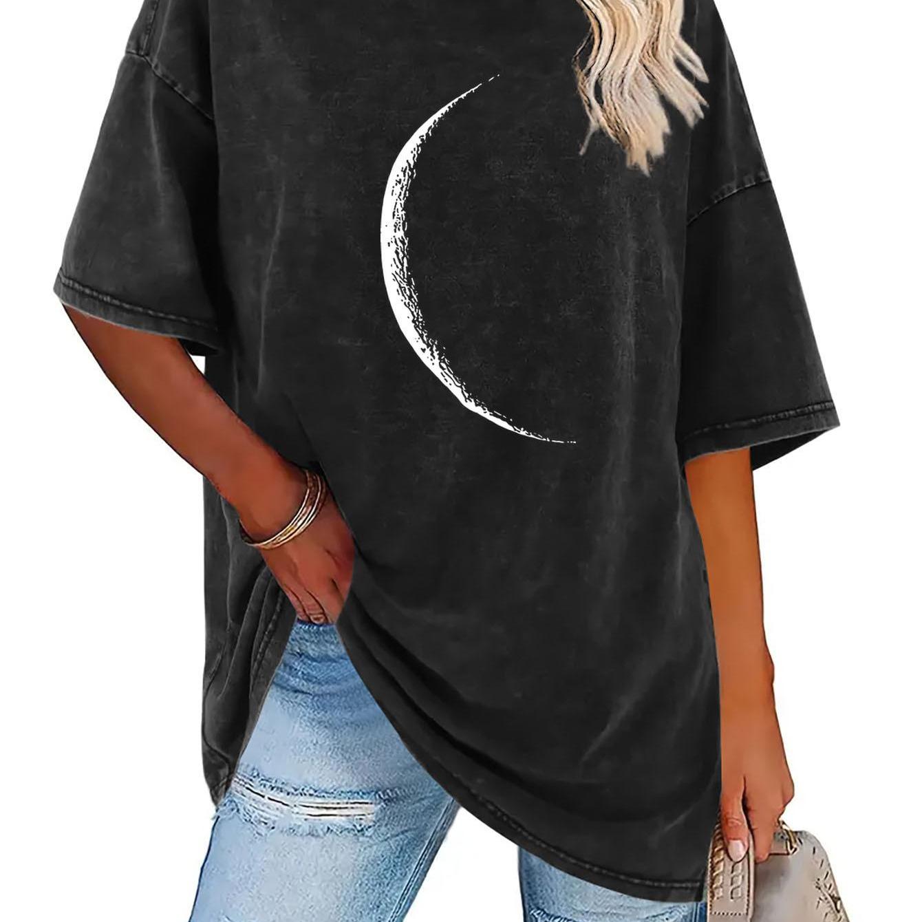 TEMU Camiseta de Mujer con de Media Luna, Estilo Retro de Calidad, Gruesa de 230G, Retro de Cuello y Manga Corta