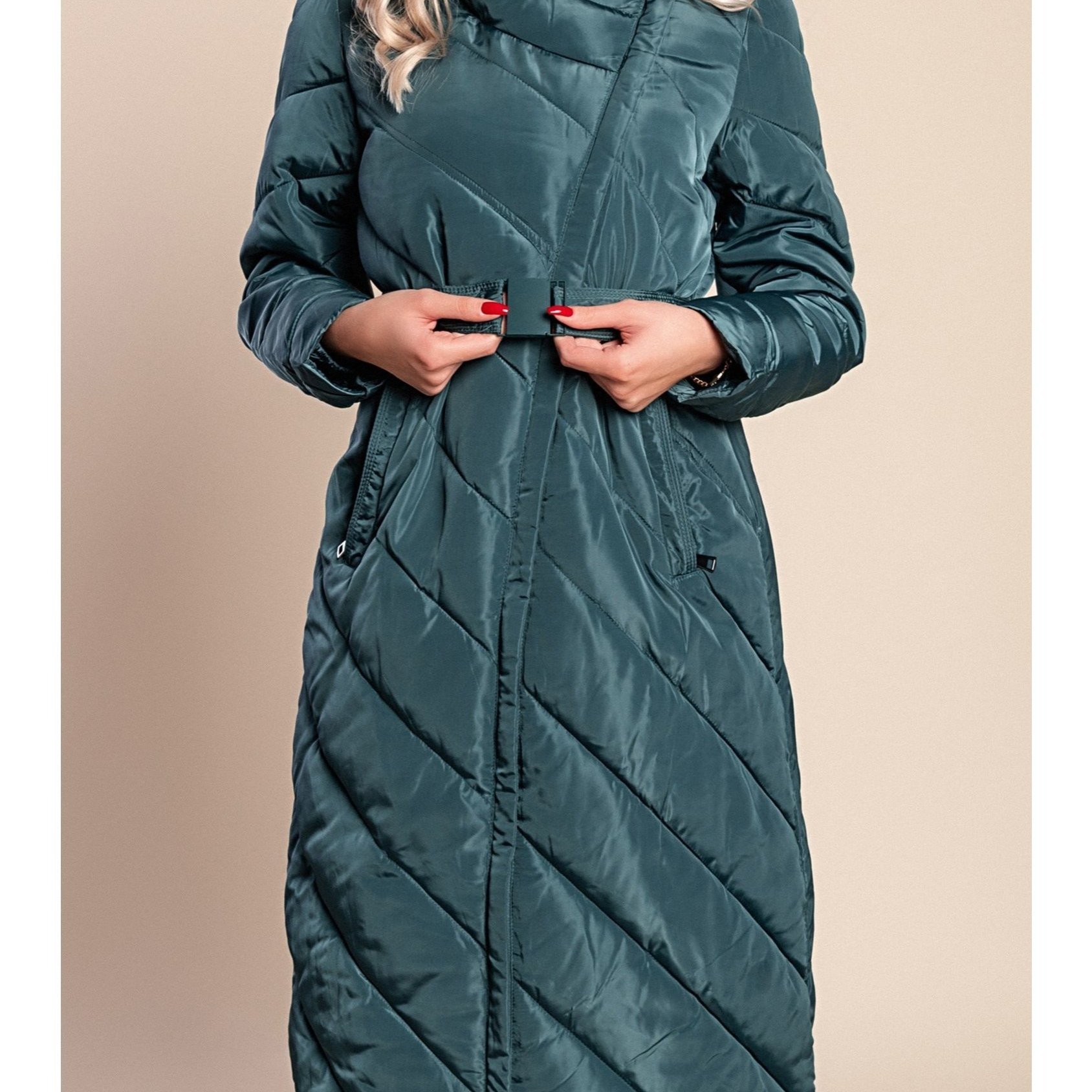Long Quilted Petrol Blue Coat With Hood & Belt – Warm Padded, Knee-length, Zip Front