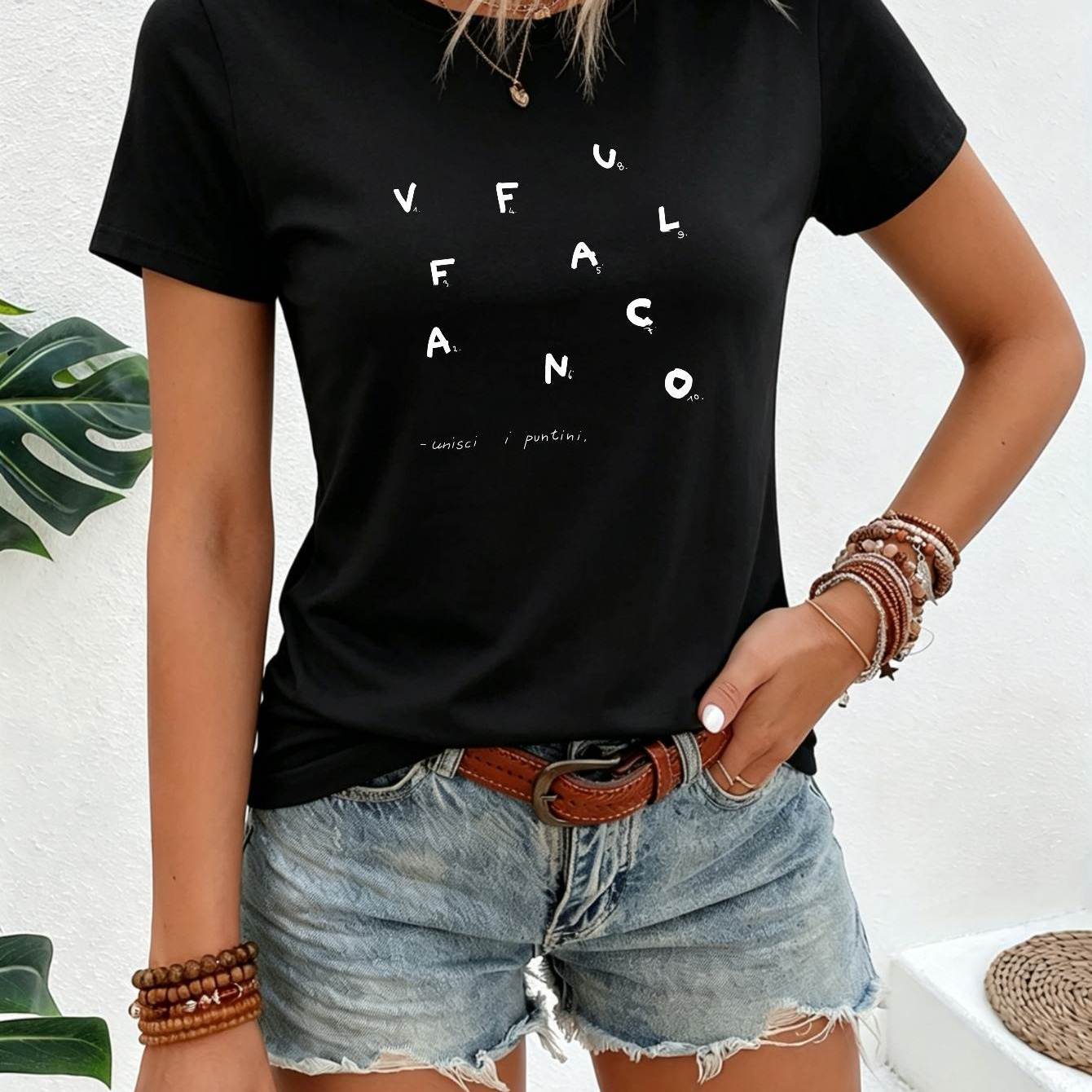 TEMU Estivo Casual, T-shirt Donna, Stampa Lettere VFACNO, Cotone , Vacanze al Mare, Giovane Donna, Estate