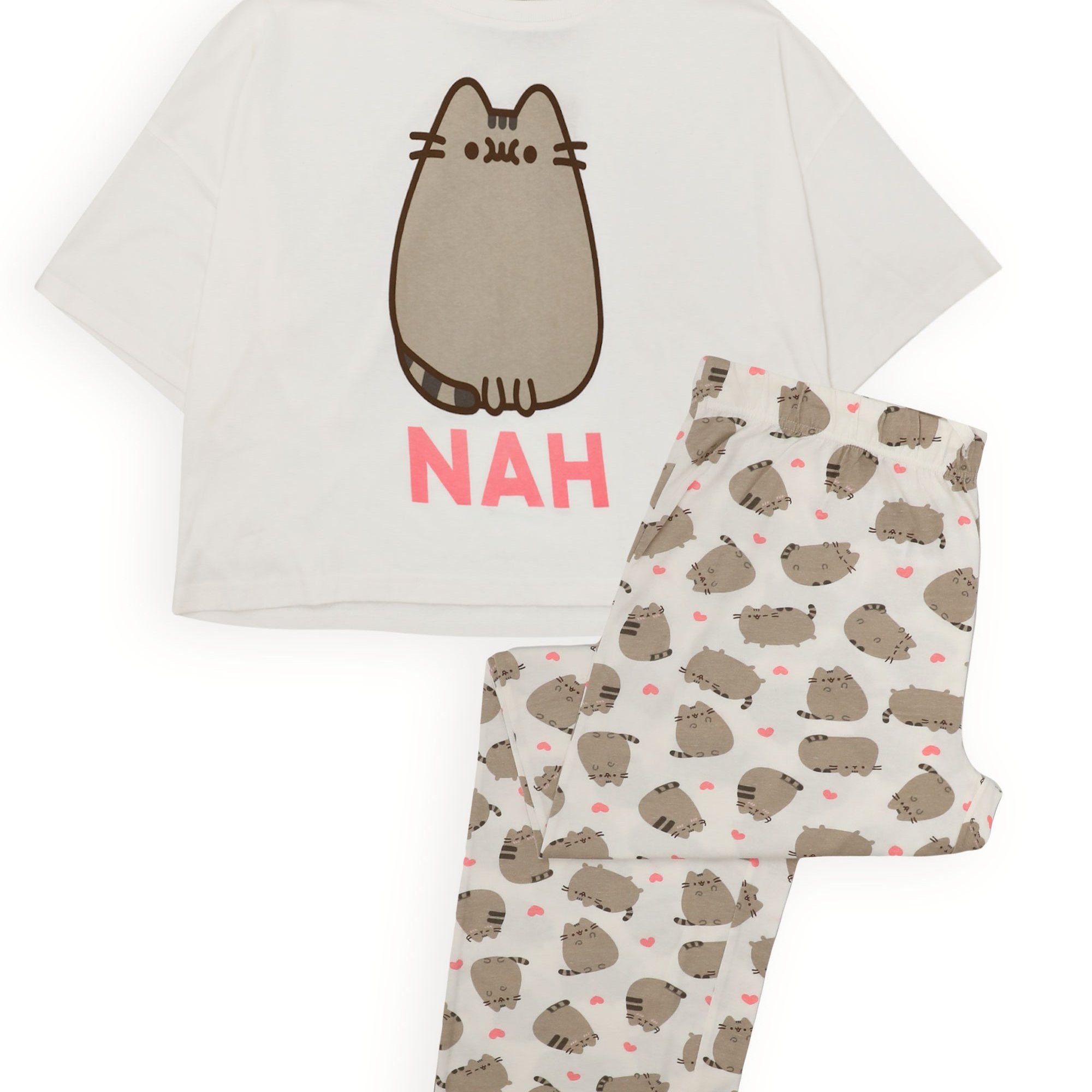 TEMU Pusheen Womens Pyjamas | Adults Ladies Cartoon Cat Nah White T-shirt With Long Bottoms Pjs | Animal Anime Merchandise -