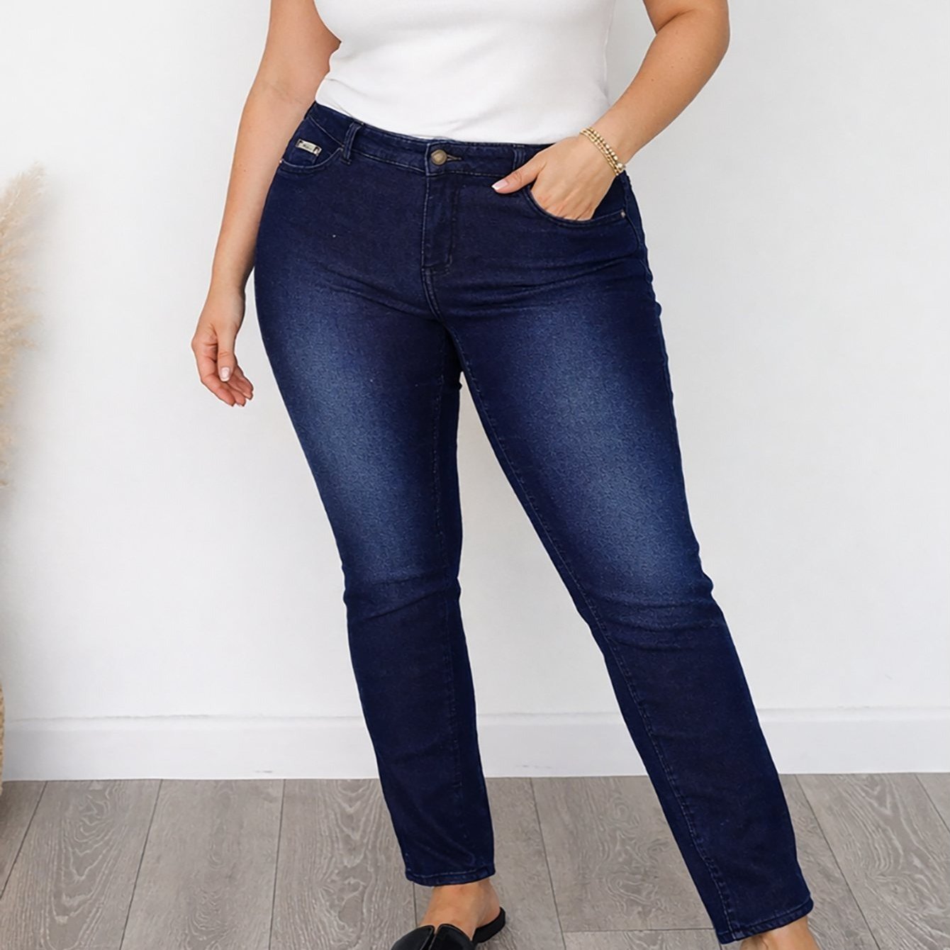 TEMU Women’s Plus Size Uk 20 22 24 Straight Leg Jeans Stretch Denim Tummy Control Lifting Dark Blue Faded Jeggings Casual Spring Summer Fashion