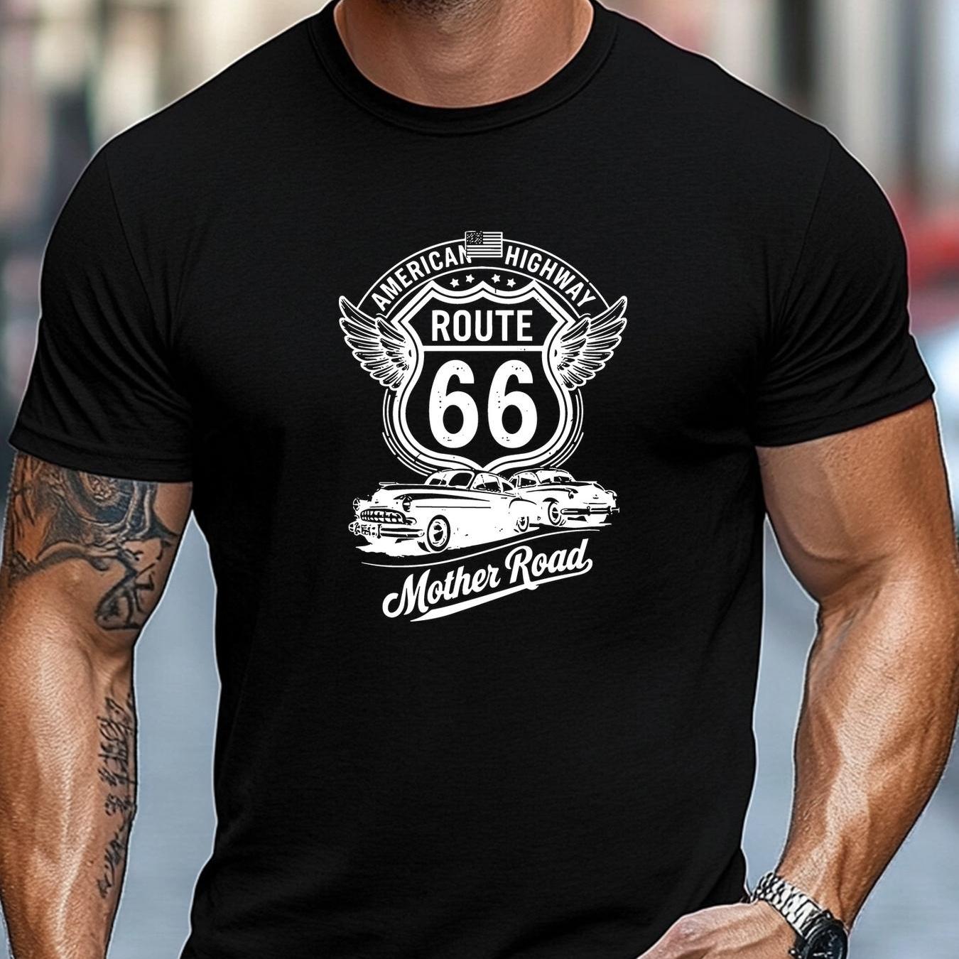 TEMU Camiseta de talla grande para hombre, fácil y limpia, casual sencilla, camiseta casual de manga corta y cuello con estampado de 66 americana