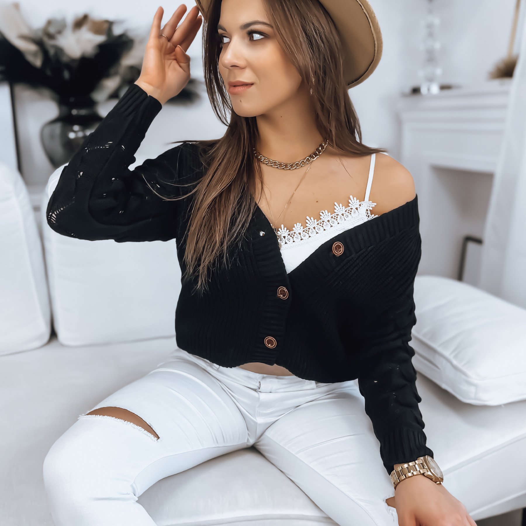 Cardigan With Decorative Sleeves And Buttons - An Elegant Acrylic Cardigan With Fasteners, And Stylish Styling.