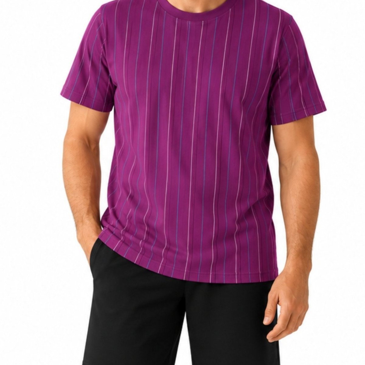 Image of Men's Short Pajama Set 100% Cotton – Short Sleeve Top With Shorts, Purple Striped Top, Black Pants, Size M