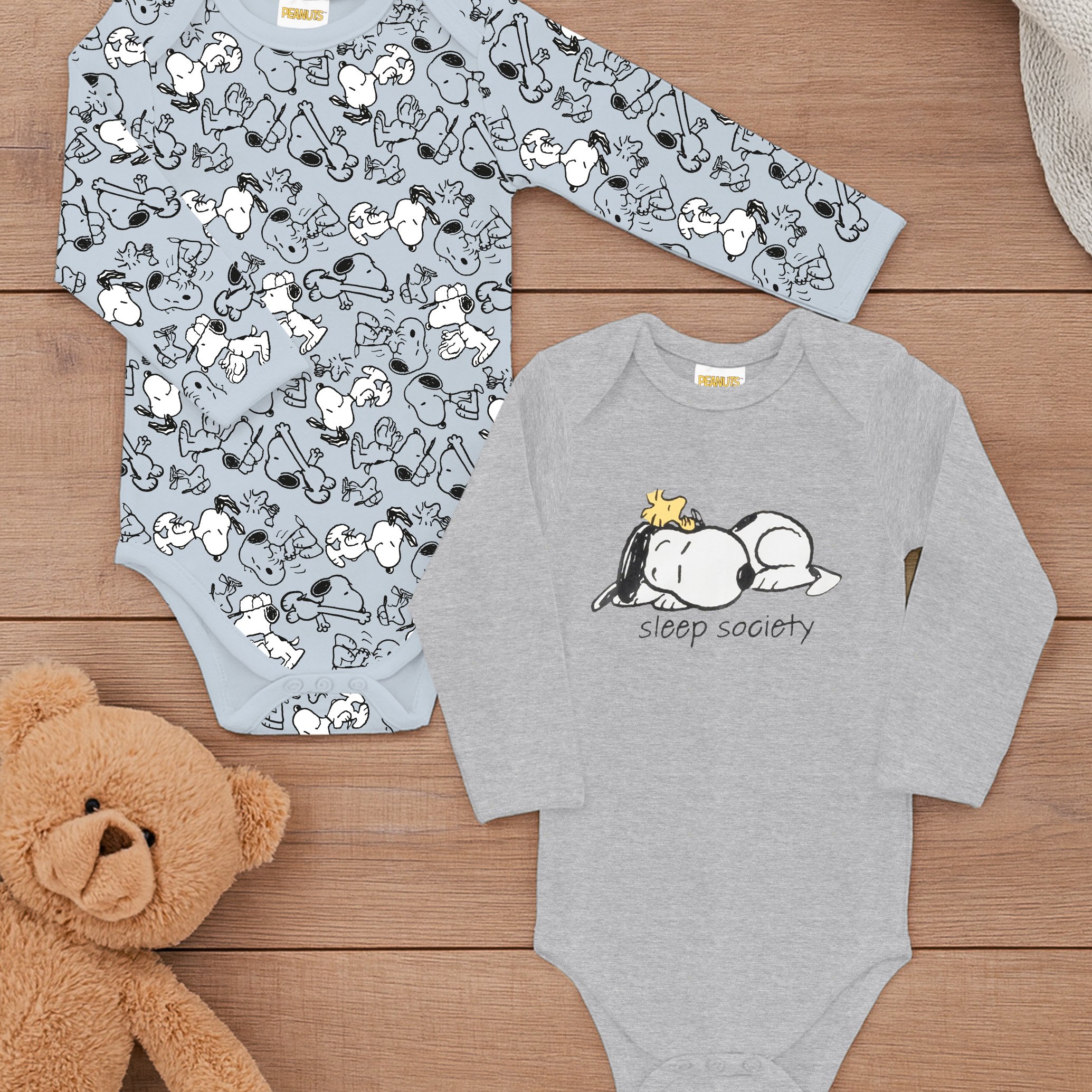 Image of The Snoopy Baby Bodysuit For Boys 2-pack - Romper Sleeping Romper Long Sleeve Blue/gray