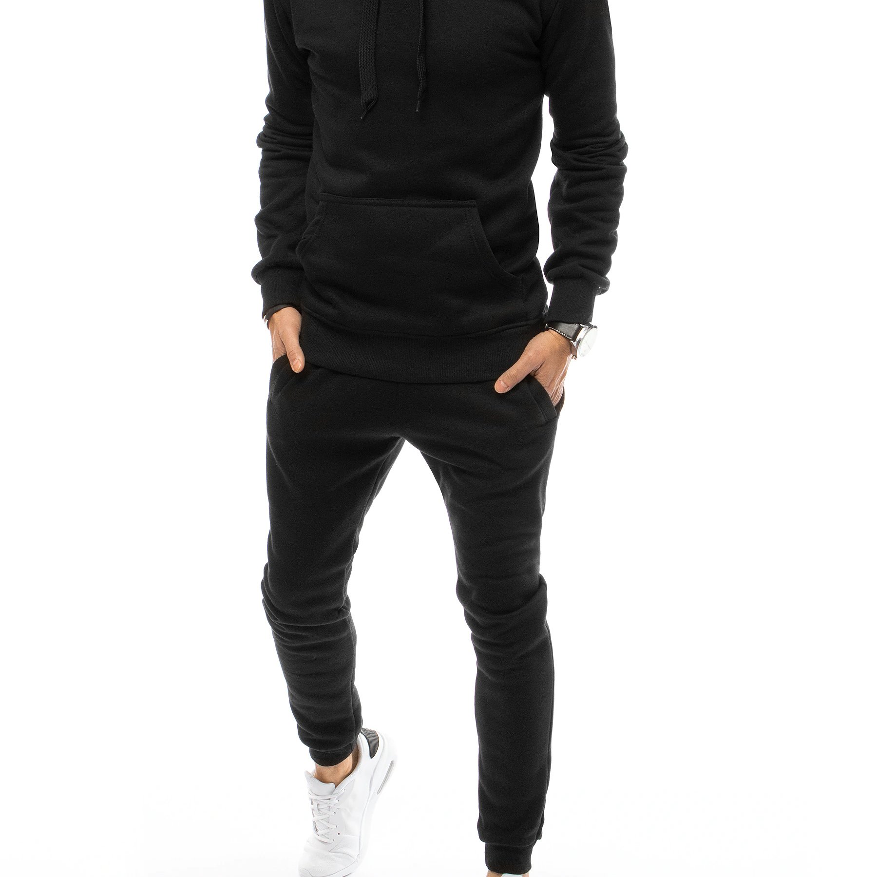 Image of Black Men's Hooded Tracksuit Set, Kangaroo Hoodie And Joggers, Cotton + Polyester, Soft Material, Cuffs And Pockets, Classic Sporty Everyday Set For Home, , Gym, In One, 0383