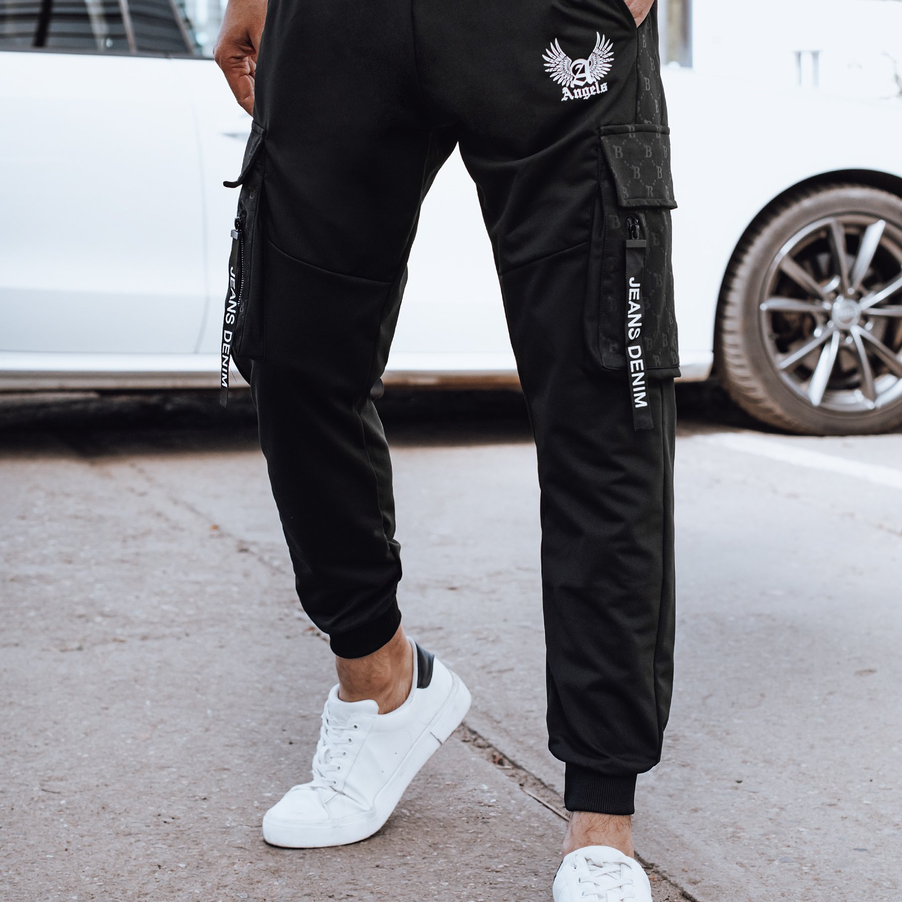 Image of Men' Cargo Pants - Black, Cargo Style With Side Pockets, Elastic Waistband And Straps, Modern Pants With Material Inserts, Wear, Training, Walking And Streetwear, 4371 4372