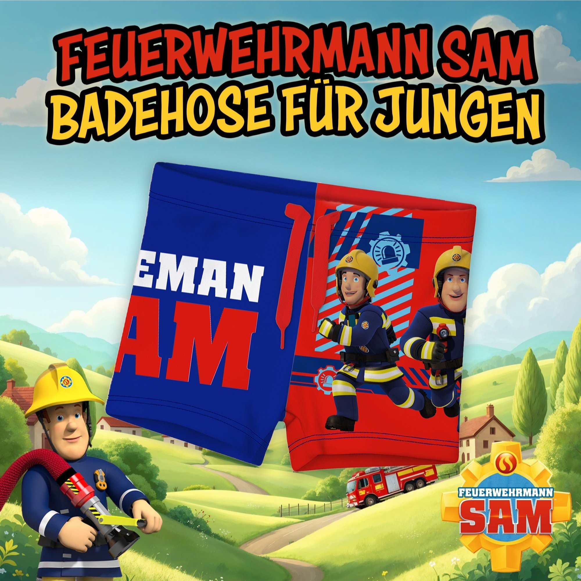 Fireman Sam Swim Trunks For Boys - Kids Swimwear Pants Blue/red