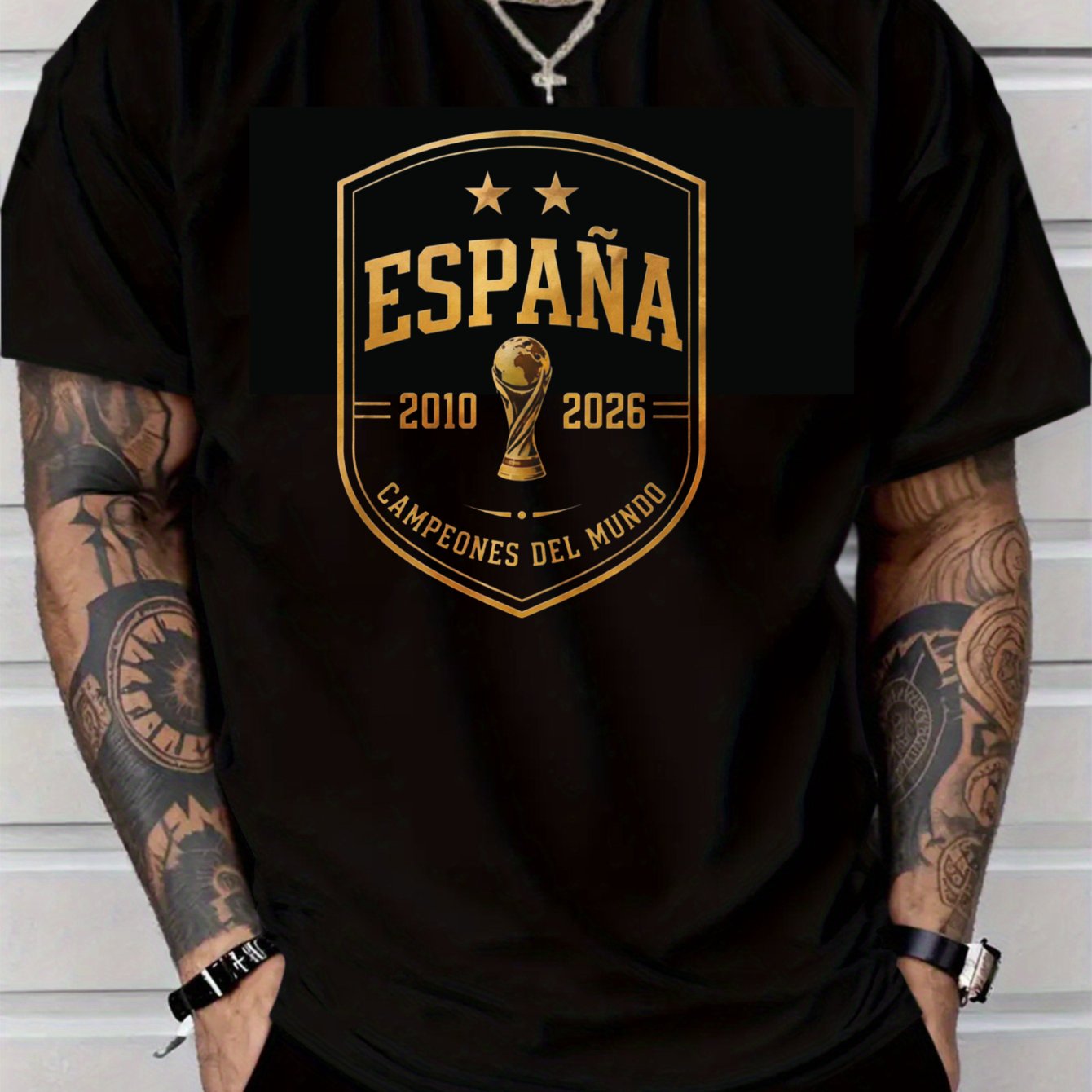 TEMU Camiseta de manga corta casual de uso diario con de España 2010 2026 en dorado y negro