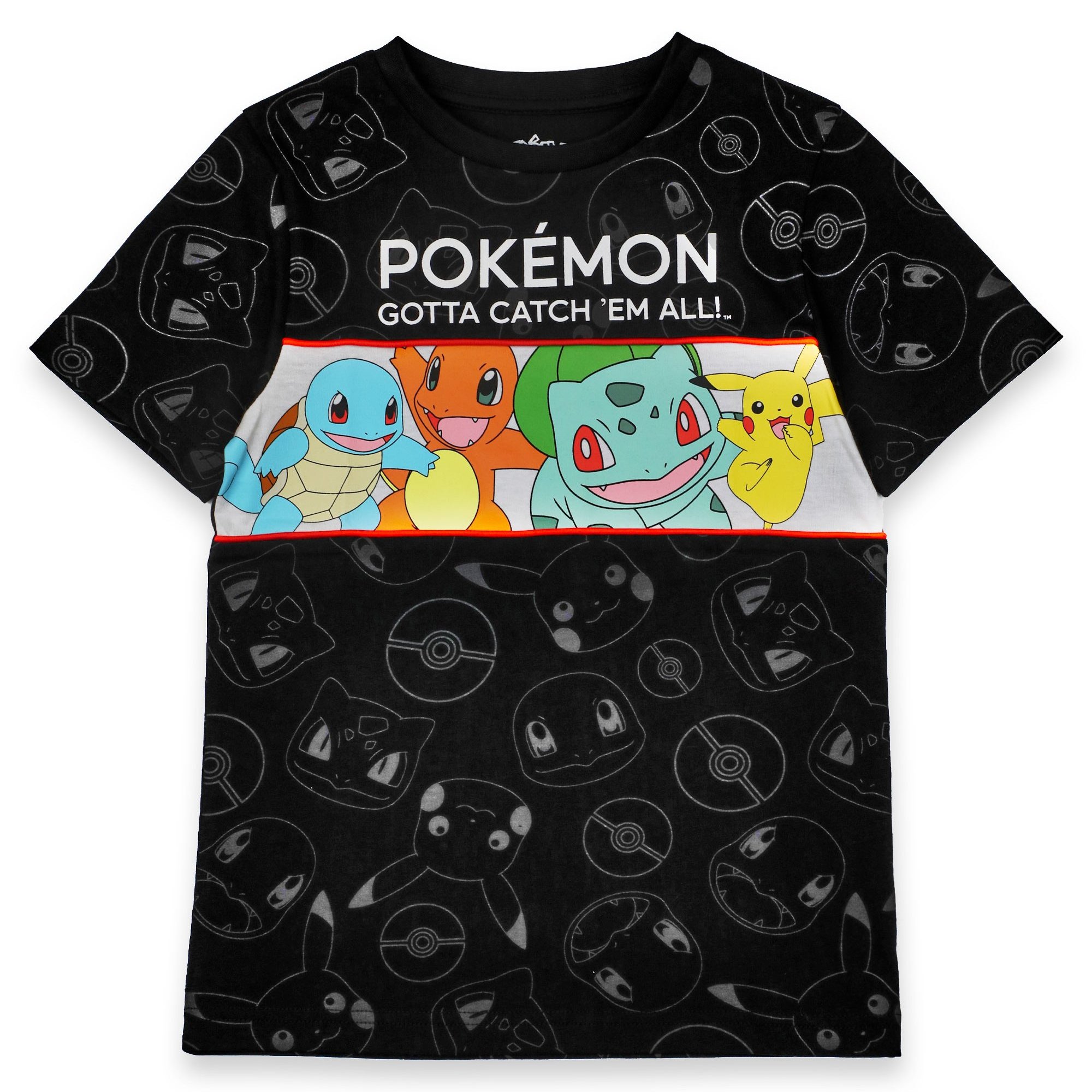TEMU Pokémon Pikachu Graphic Tee | Black Short Sleeve T-shirt For Kids | Casual Wear | Catch 'em All Slogan Top