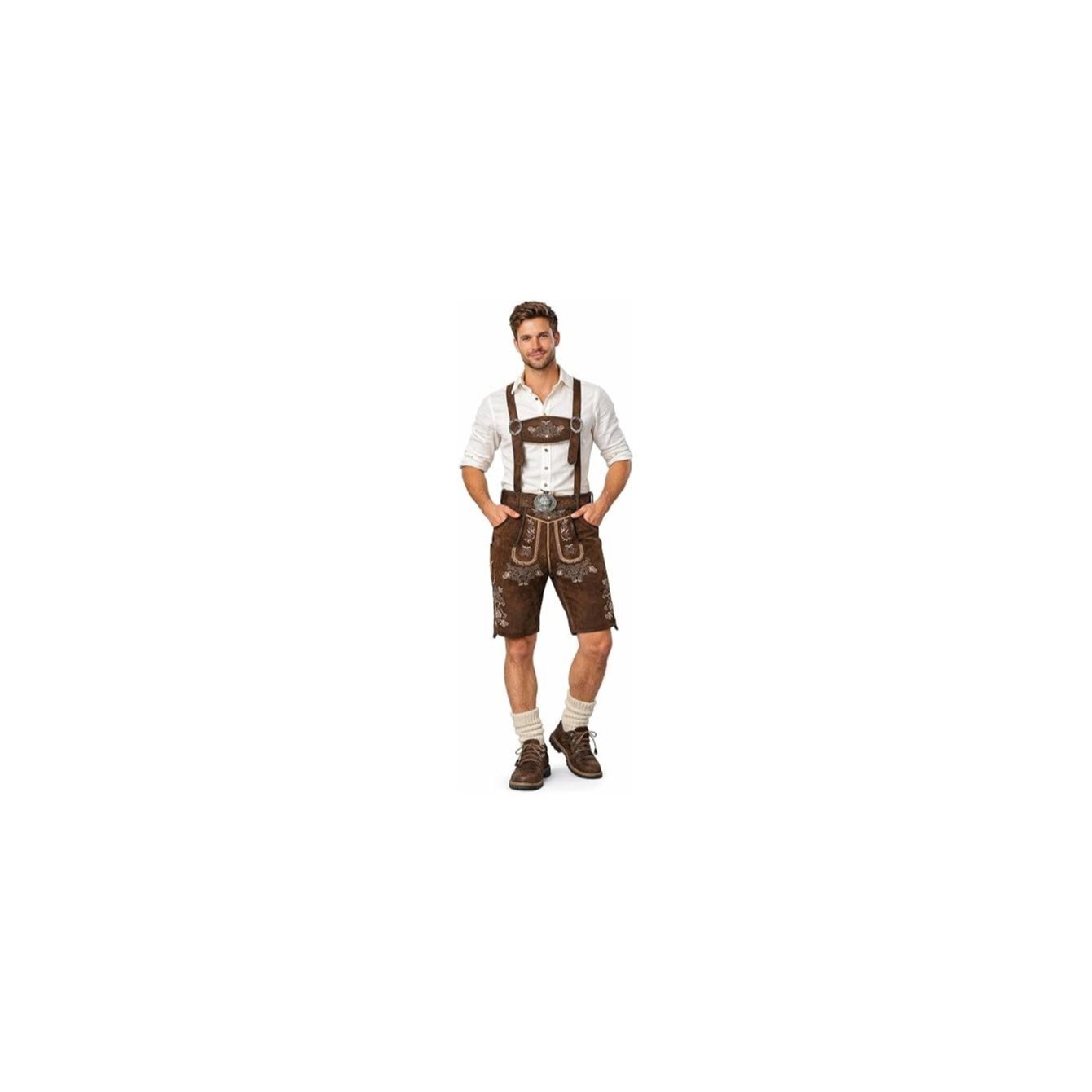 Image of Men's Traditional Costume Trousers Goatskin Leather (100% Goatskin) Short Leather Trousers With Straps And Belt Size 46-60