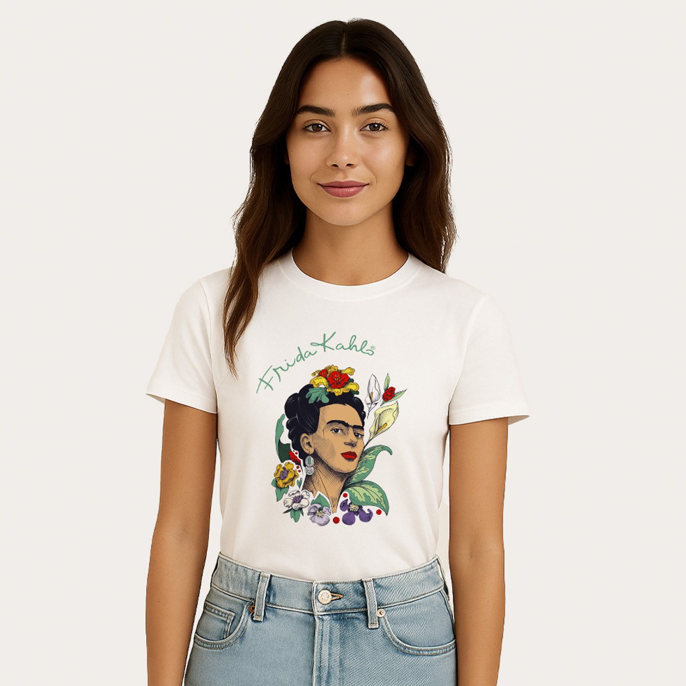 Trendy Women's T-shirt, Short Sleeves, Frida Flowers Print