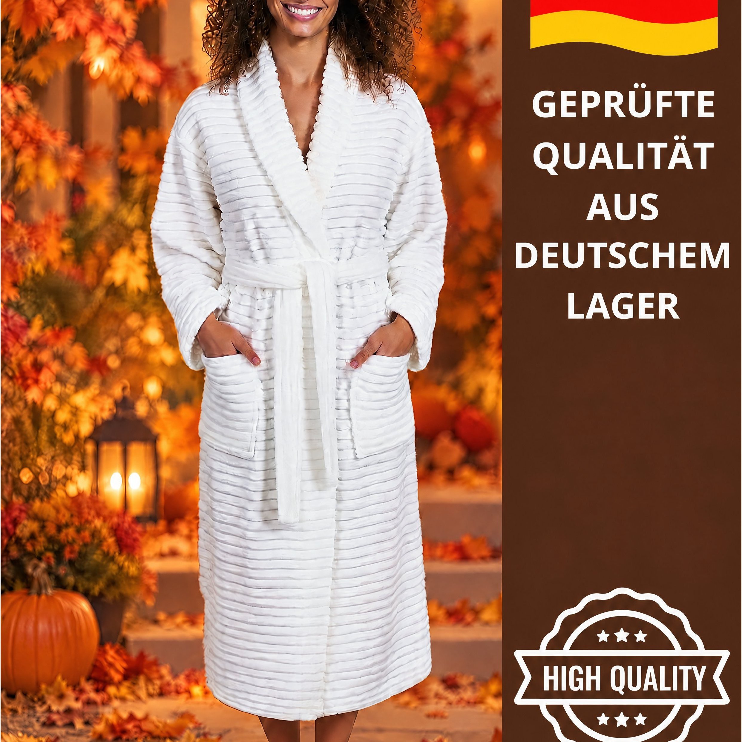 TEMU Cozy Ladies' Fleece Bathrobe With Shawl Collar & Elegant Cord Stripes – Soft, Warm & Stylish