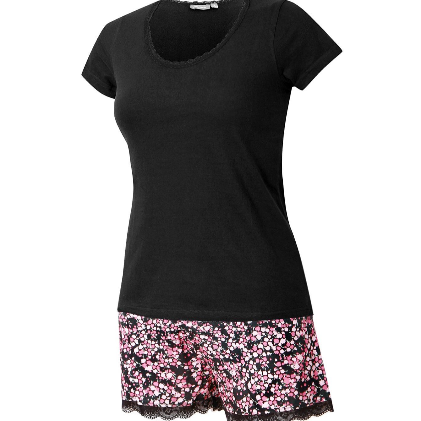 Women's Short Pajama Set With Short Sleeve T-shirt And Shorts , Lounge Suit, Sleepwear In Black And Pink, Size L