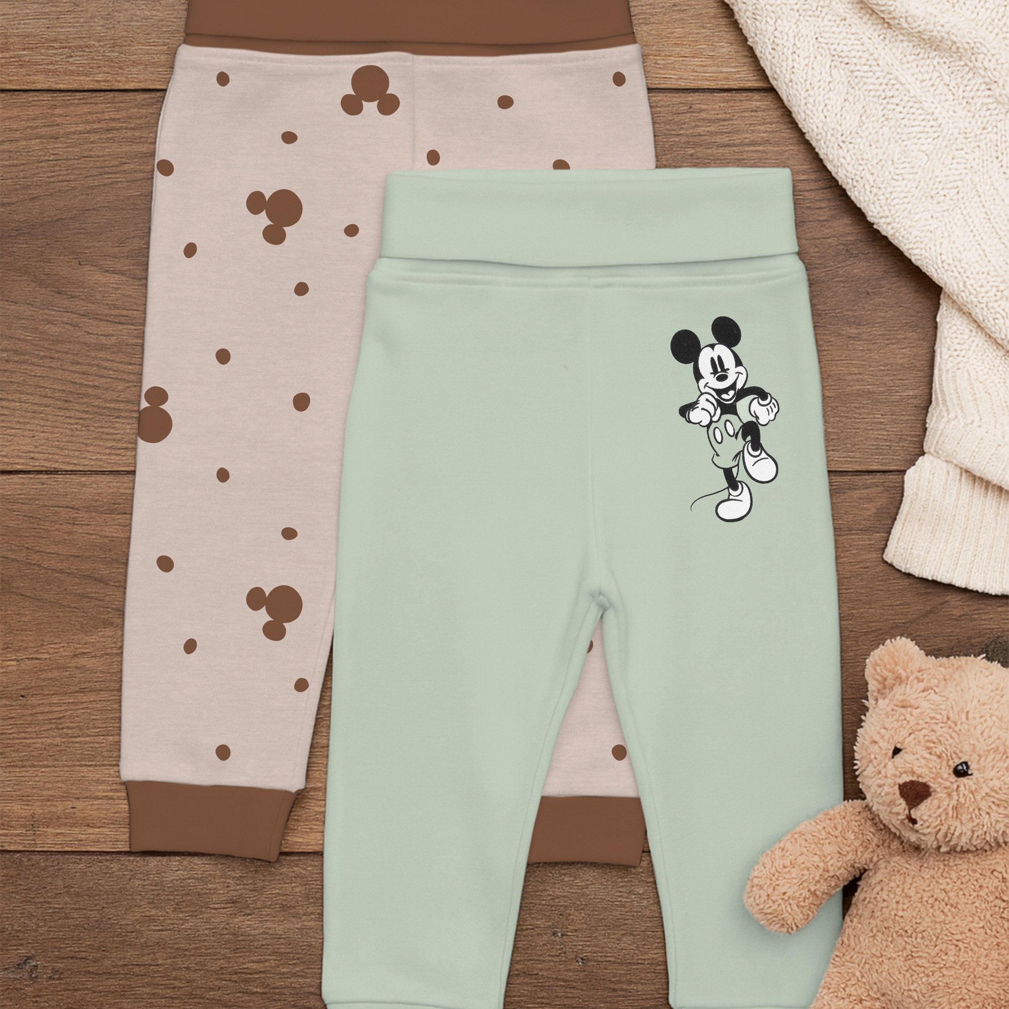 Image of Mouse Baby Pants For Boys And Girls - Baby Pants Baby Clothing Brown Light Green (2-pack)