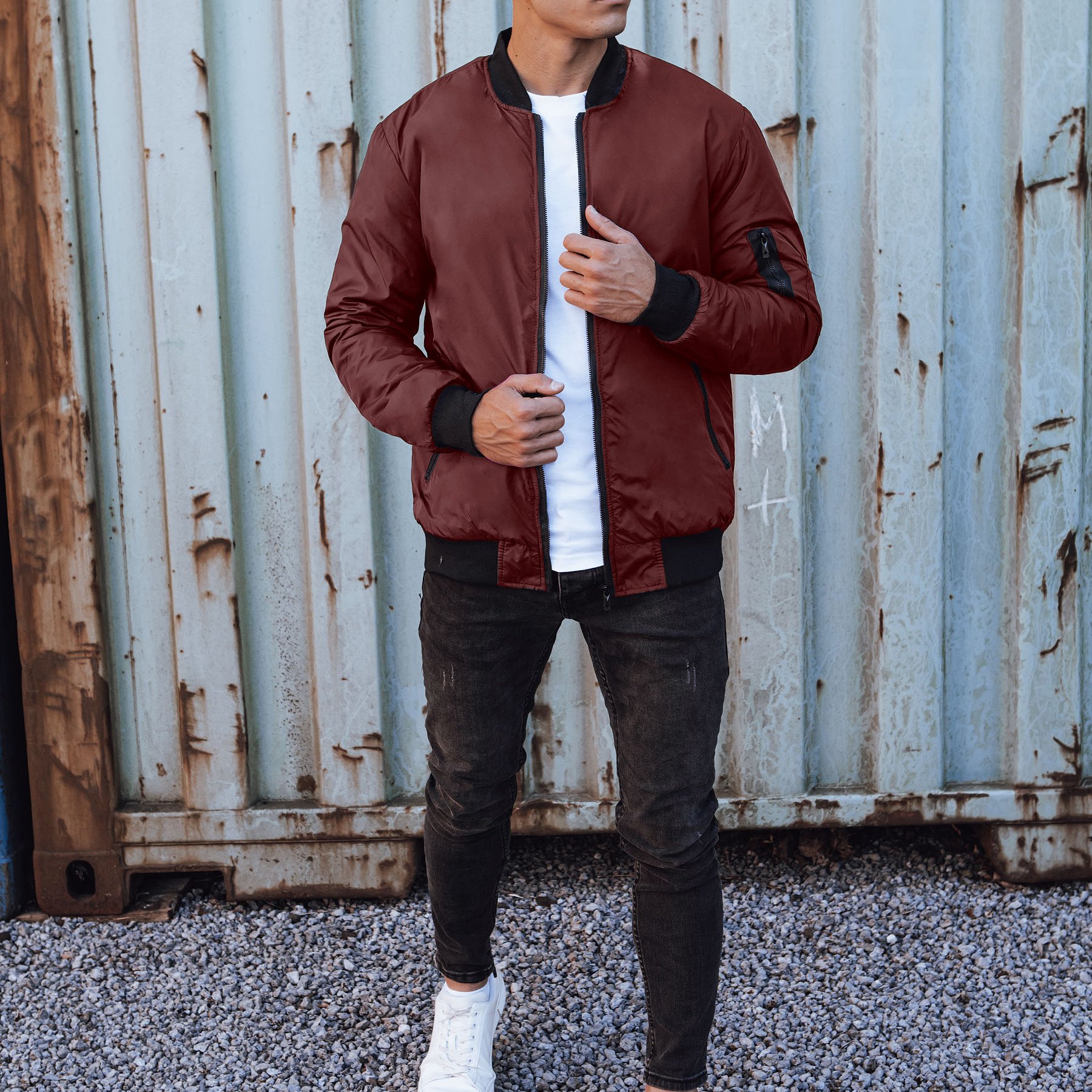 Image of Men's Jacket In Burgundy, Lightweight, Hoodless, With A Sleeve Pocket, , Zip-up Closure, Elastic Cuffs, Perfect For Urban Styling, For Spring And Autumn, , , 4931