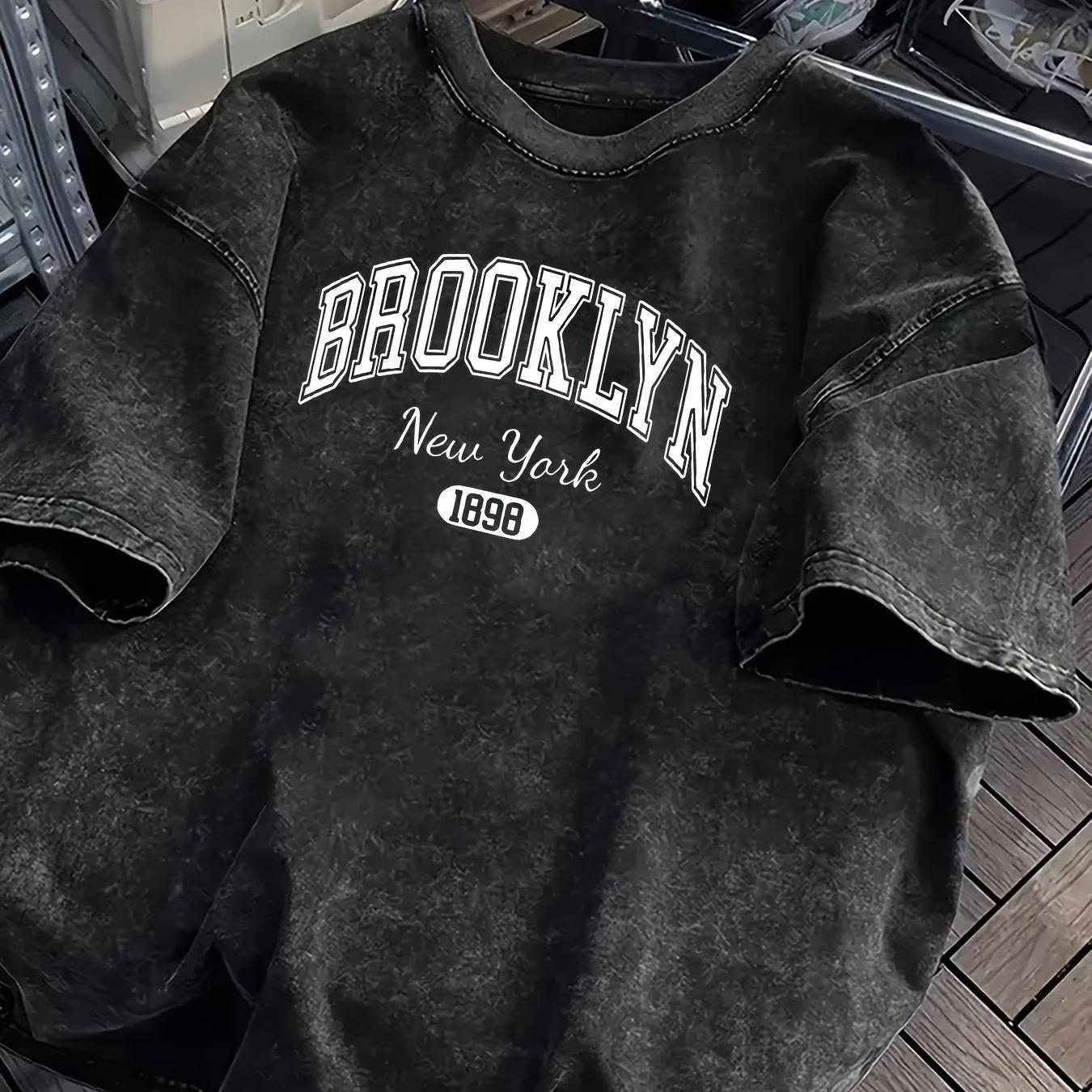 TEMU Camiseta con estampado de Brooklyn - Para hombre, extragrande, de algodón 100% de gramaje, vintage - Top holgado con diseño de en , desgastado,