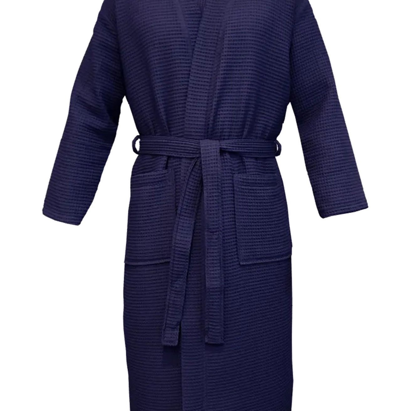Men's Navy Blue Waffle Bathrobe With Long Sleeves, Hood, Knee-length, And Long Belt (1493)