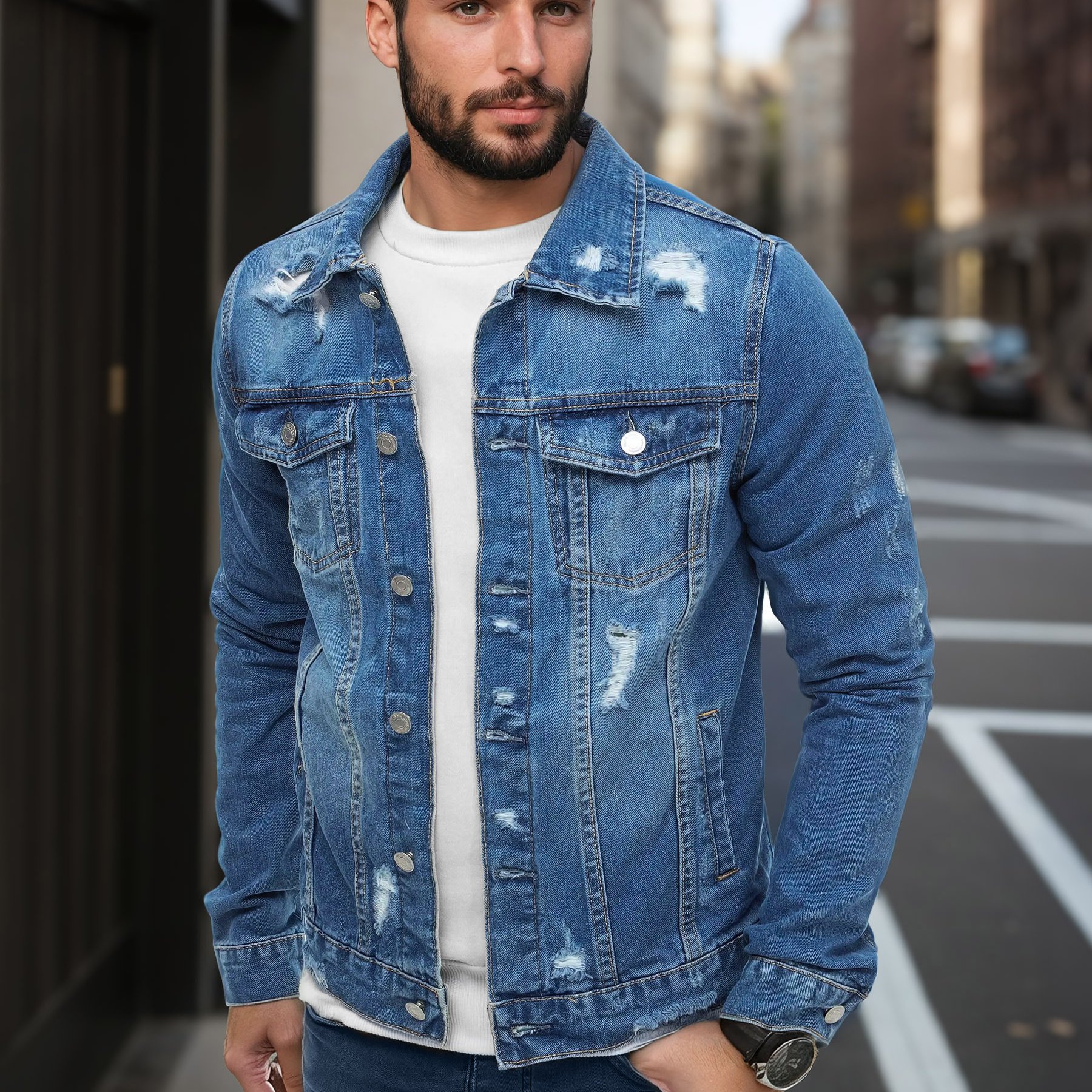 Image of Men's Jeans Jacket Without A Hood, Up, Fashionable Denim Jacket With And Holes, Stylish Men's Jacket With Pockets, Comfortable Casual Jacket For Everyday Wear, Jacket In Modern Streetwear Design.