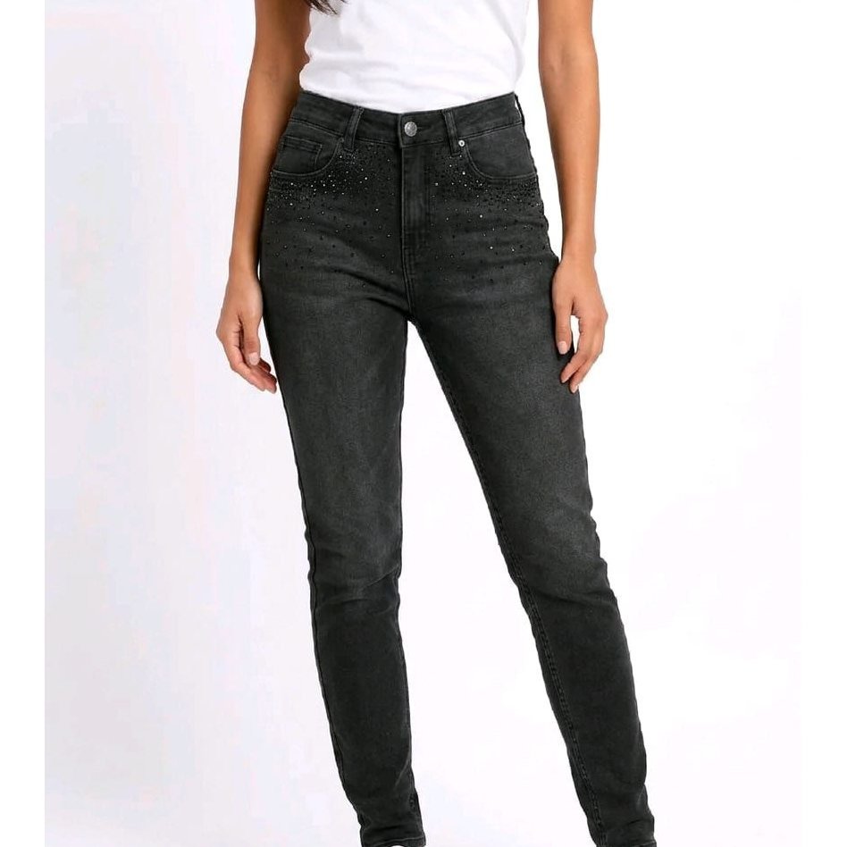 Image of Women's Skinny Fit Jeans – Figure-hugging Stretch Denim Pants In Black With Elegant Rhinestones, Slim Fit & Glitter Details