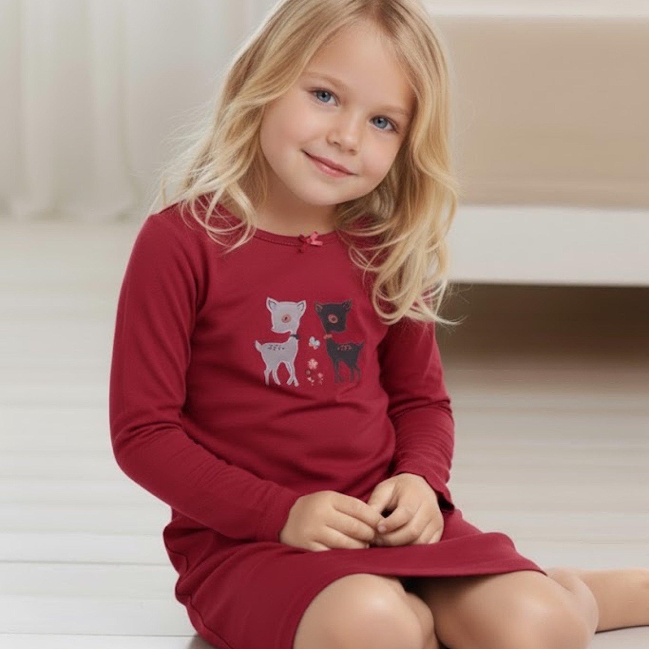 Image of Girl's Nightgown Cute Long Sleeve Cotton Sleep Dress For Teen Girls, Summer Sleepwear Shirt, Round Neck, 104, 116, 128