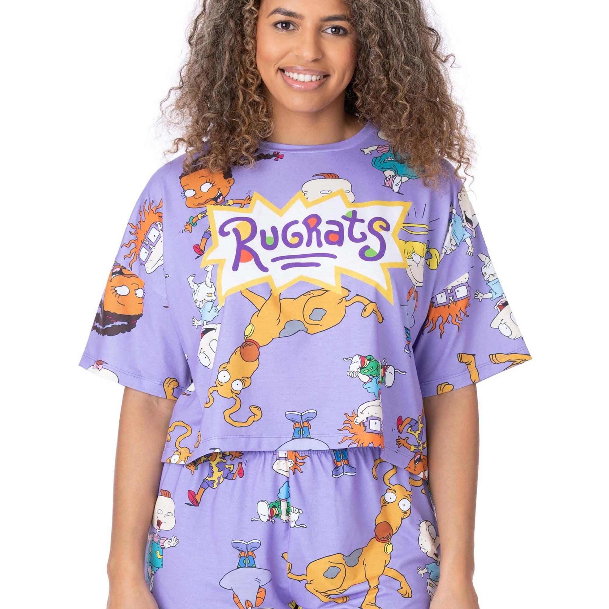 TEMU Rugrats Womens Pyjama Set | Ladies Purple Cropped Short Sleeved T-shirt With Shorts Bottoms Pjs | Angelica Character Retro Logo | 90s Cartoon